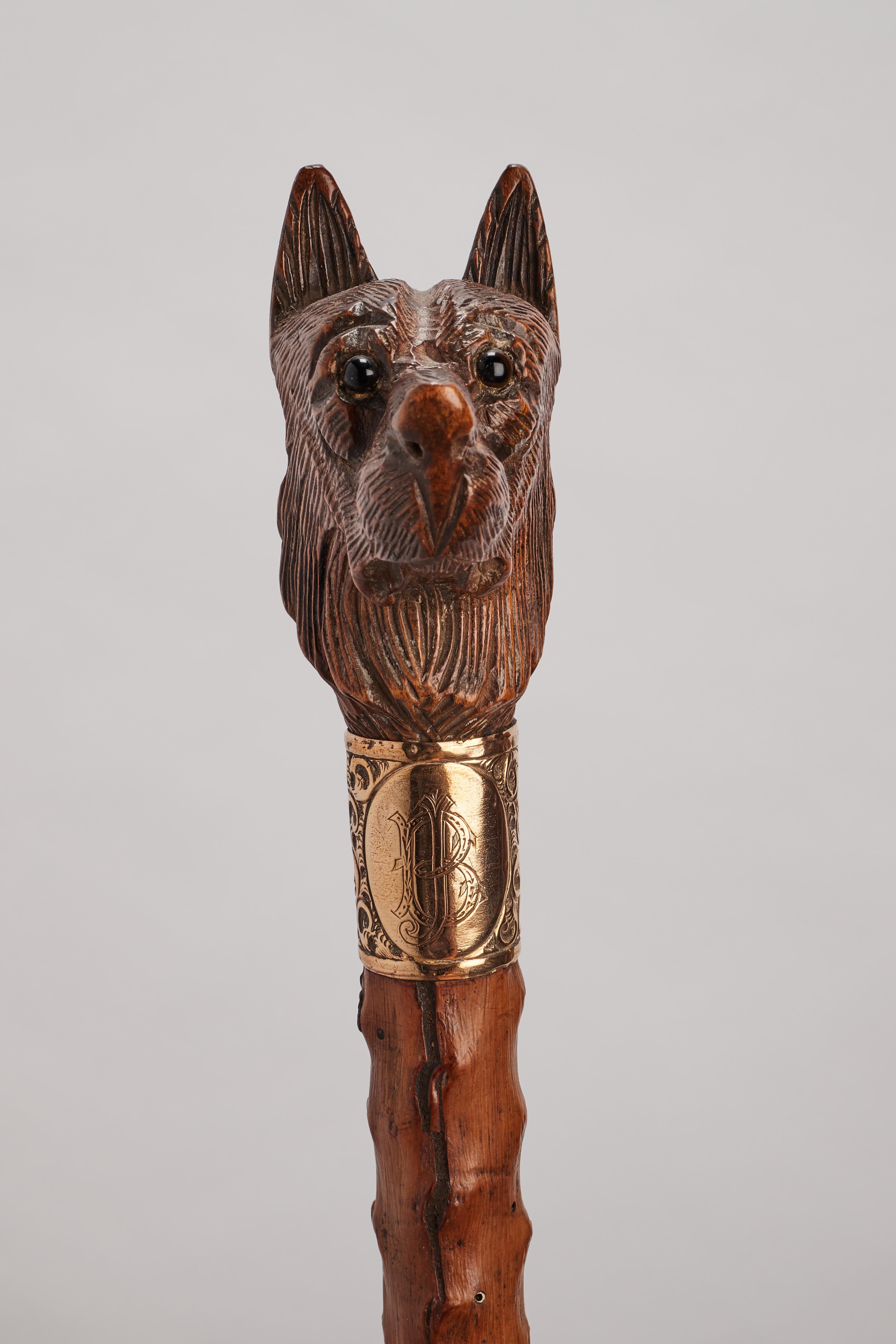 Canne sculptée d'art populaire représentant un chien berger allemand, Autriche 1890. Bon état - En vente à Milan, IT