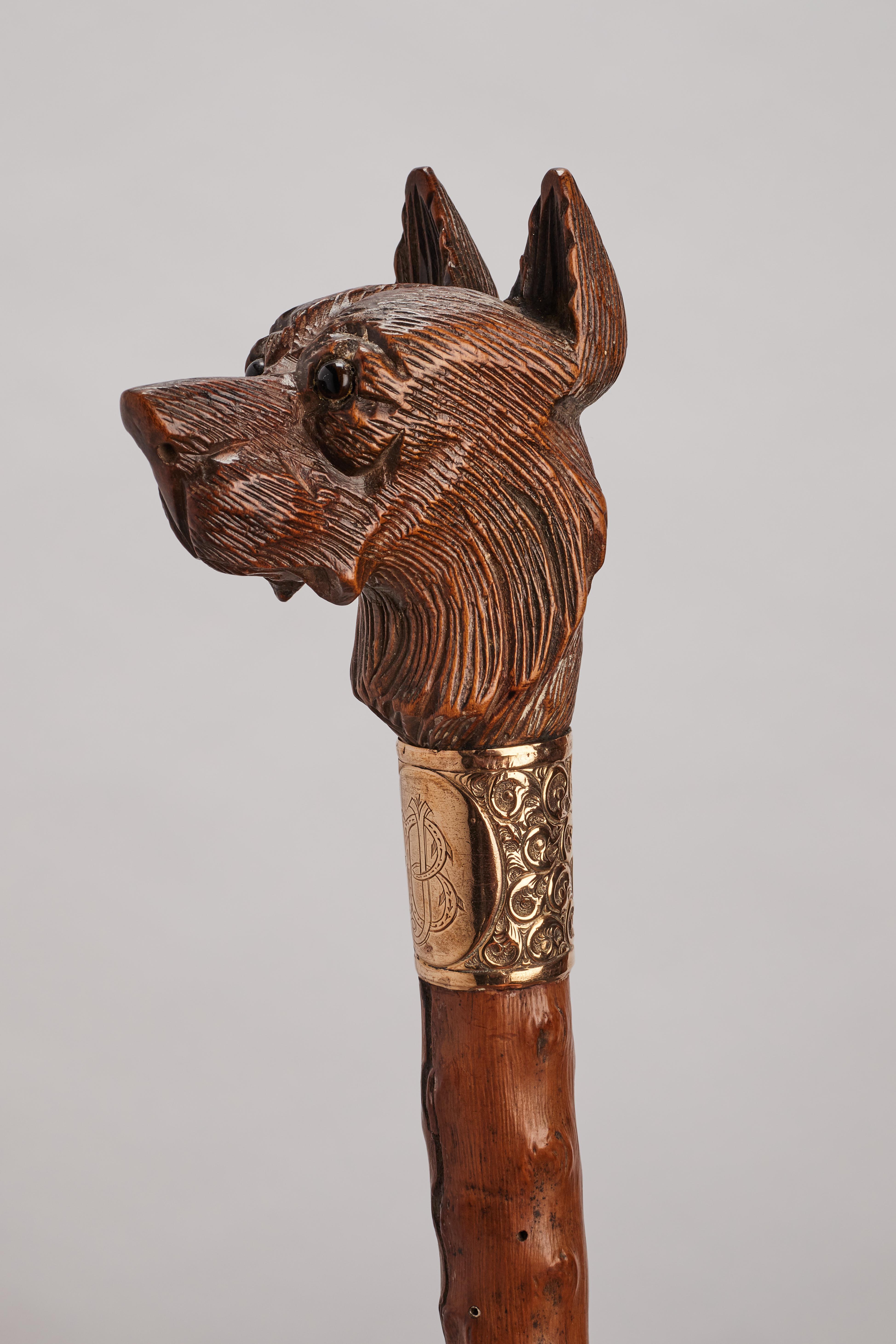 19th Century Folk art carved walking stick depicting a German Shepherd dog, Austria 1890. For Sale