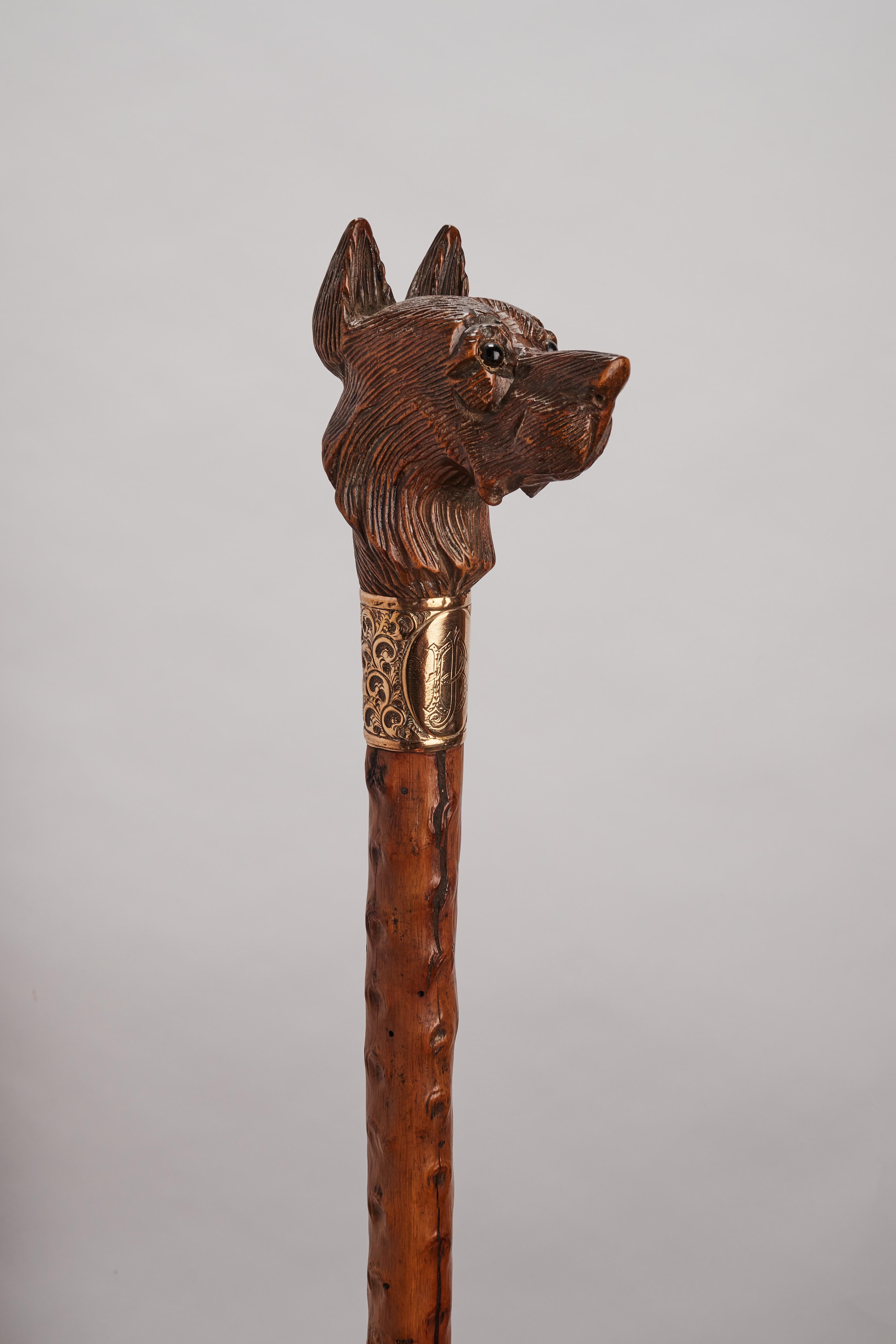 Folk art carved walking stick depicting a German Shepherd dog, Austria 1890. For Sale 3