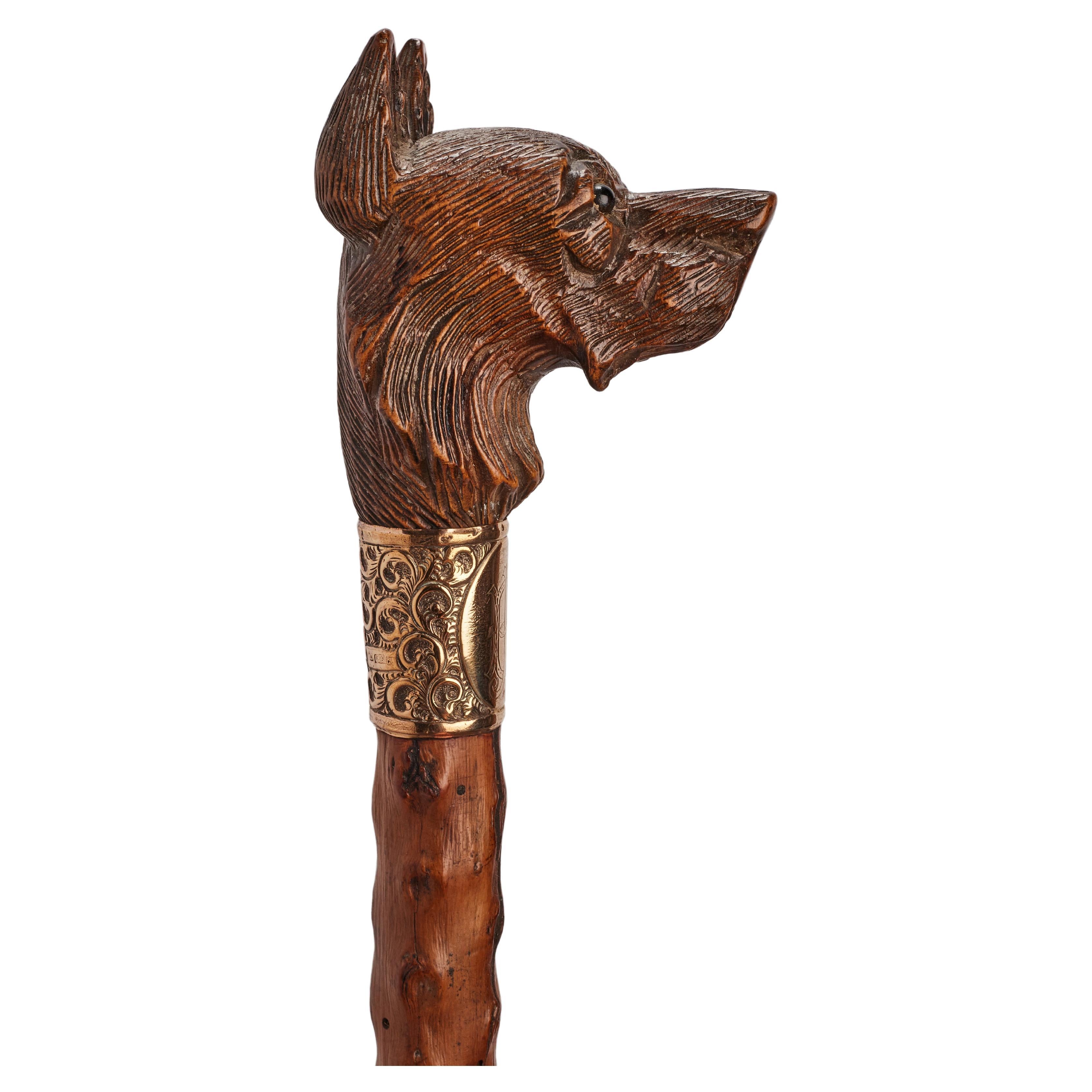 Folk art carved walking stick depicting a German Shepherd dog, Austria 1890. For Sale