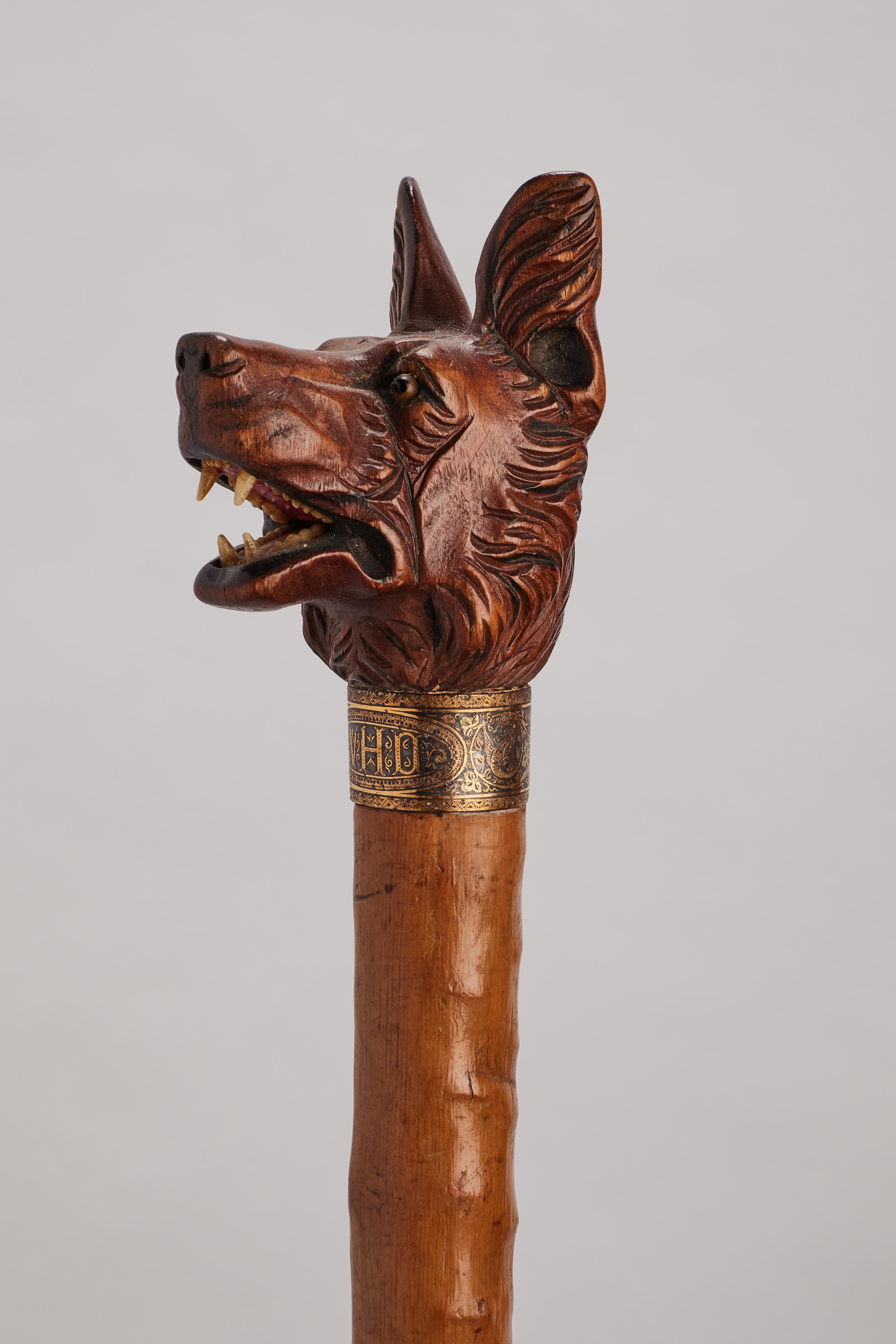 Métal Canne d'art populaire sculptée représentant un chien de berger allemand, Allemagne 1890.  en vente