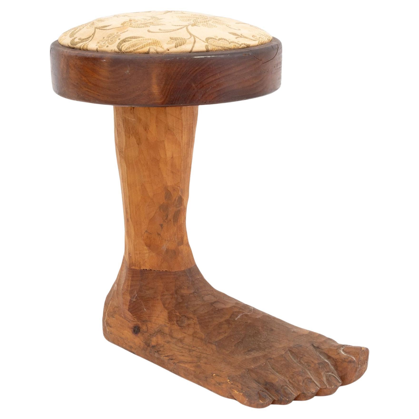 Folk Art Carved Wood "Foot" Stool For Sale