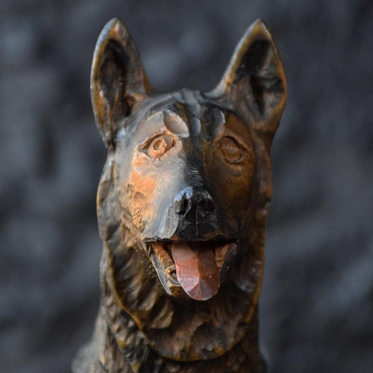 Folk Art Carved Wood German Shepherd Dog Statue at 1stDibs