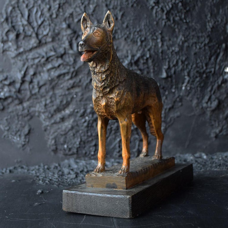 Folk Art Carved Wood German Shepherd Dog Statue at 1stDibs