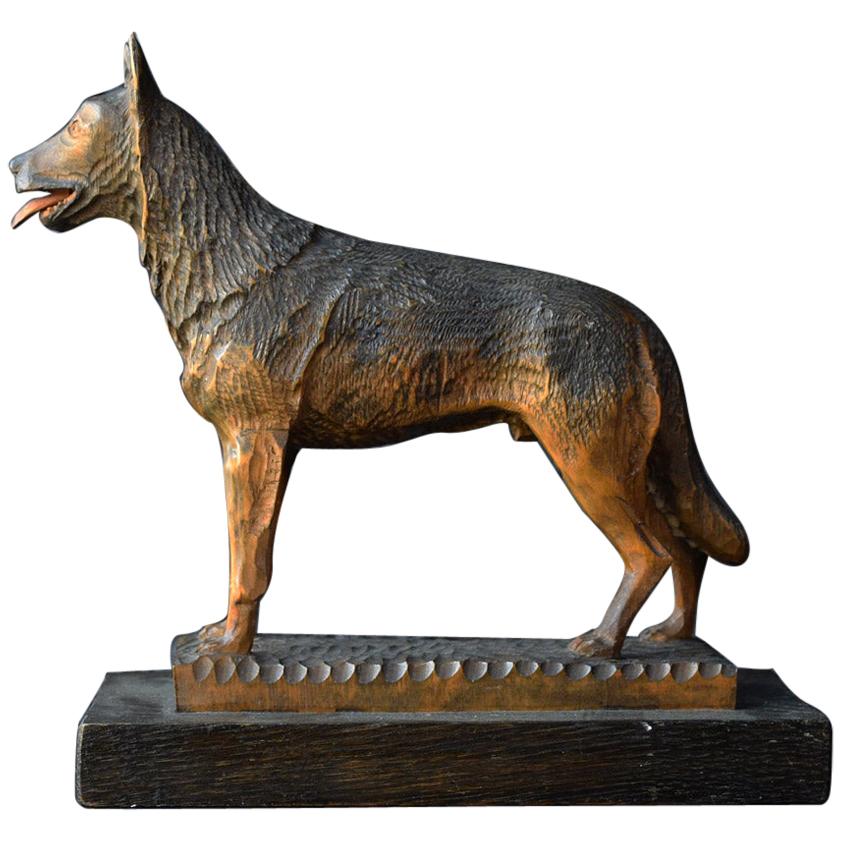 Folk Art Carved Wood German Shepherd Dog Statue