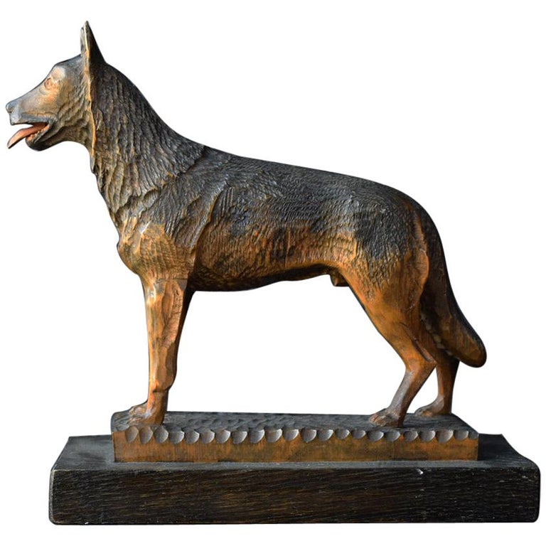 Folk Art Carved Wood German Shepherd Dog Statue at 1stDibs