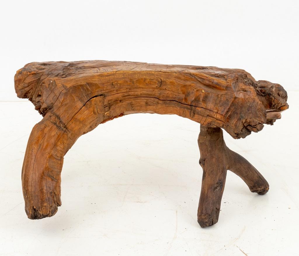 Folk Art Carved Wood Live Edge Stool, on tripod legs. 13.5