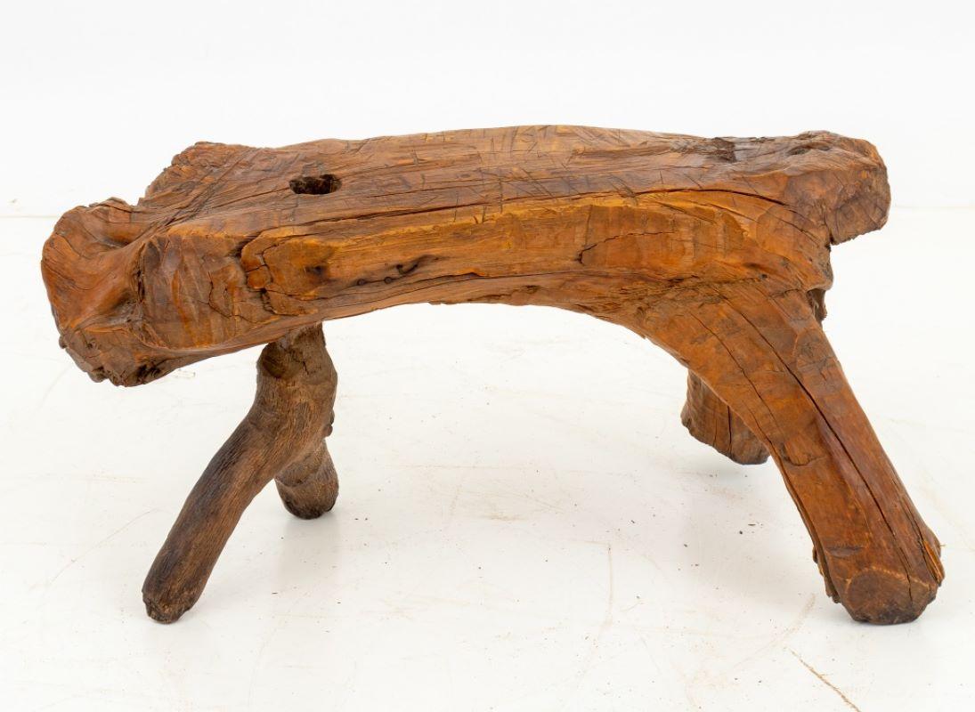 20th Century Folk Art Carved Wood Live Edge Stool For Sale