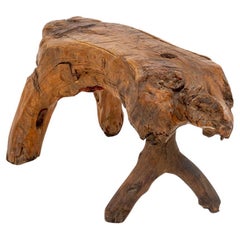 Folk Art Carved Wood Live Edge Stool (tabouret en bois sculpté)
