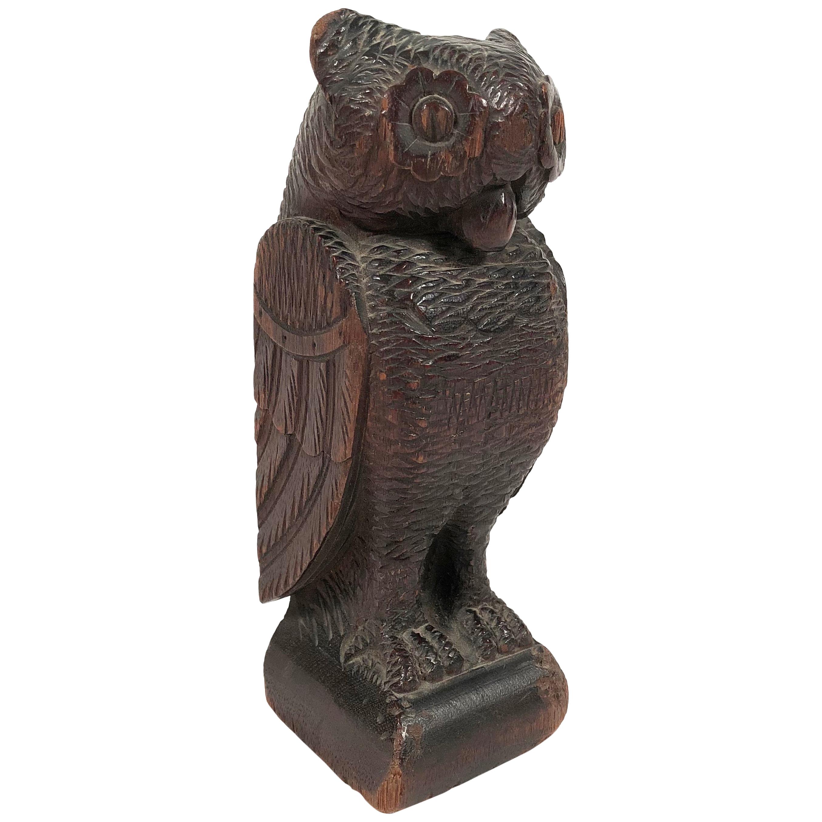 Folk Art Carved Wood Owl Sculpture