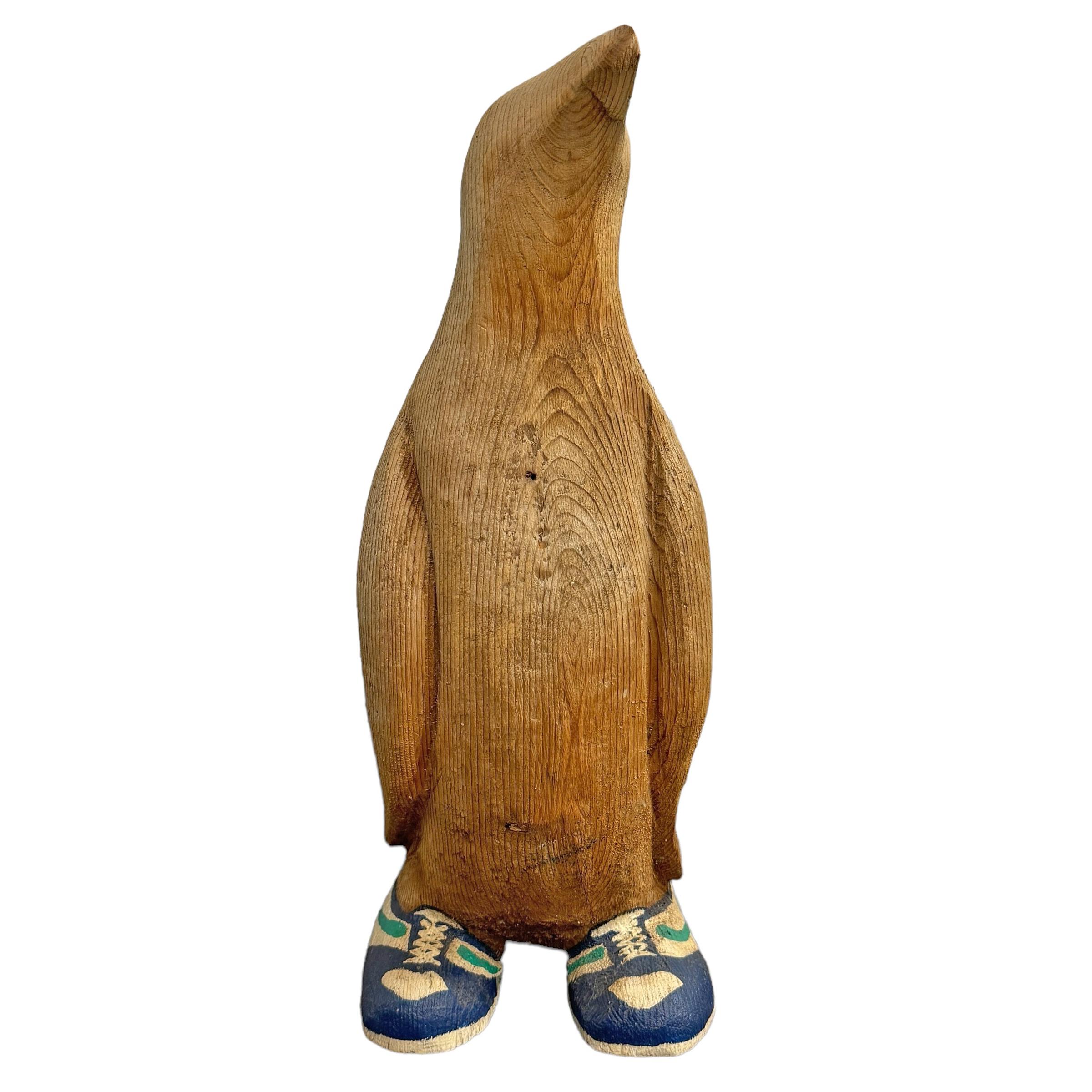 American Folk Art Carved Wood Penguin Wearing Nike Shoes