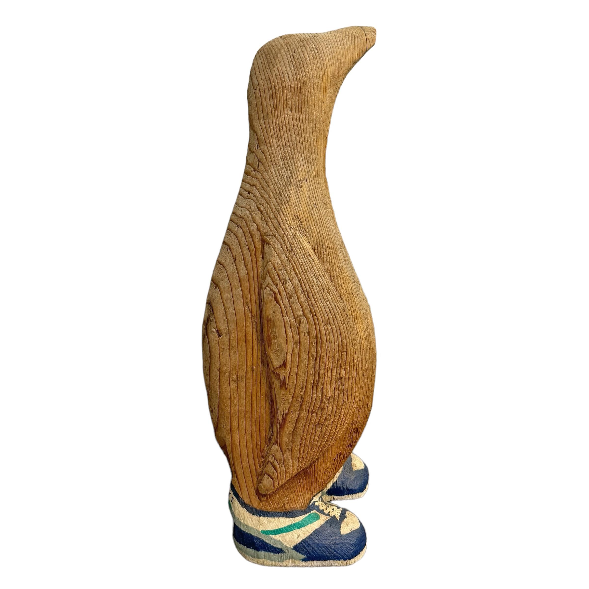 Pine Folk Art Carved Wood Penguin Wearing Nike Shoes