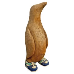Vintage Folk Art Carved Wood Penguin Wearing Nike Shoes