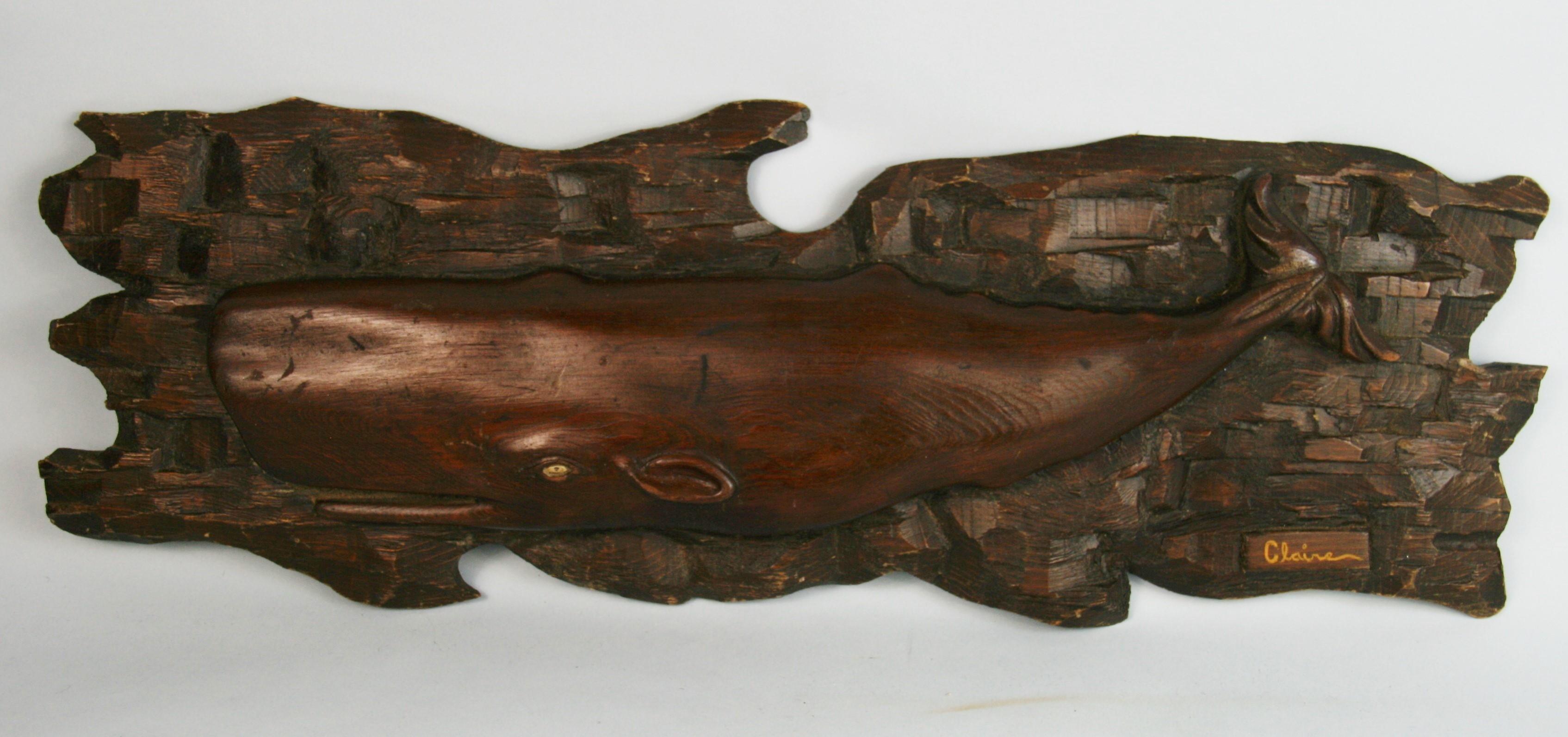 3-575 hand carved wood whale wall sculpture signed Claire.