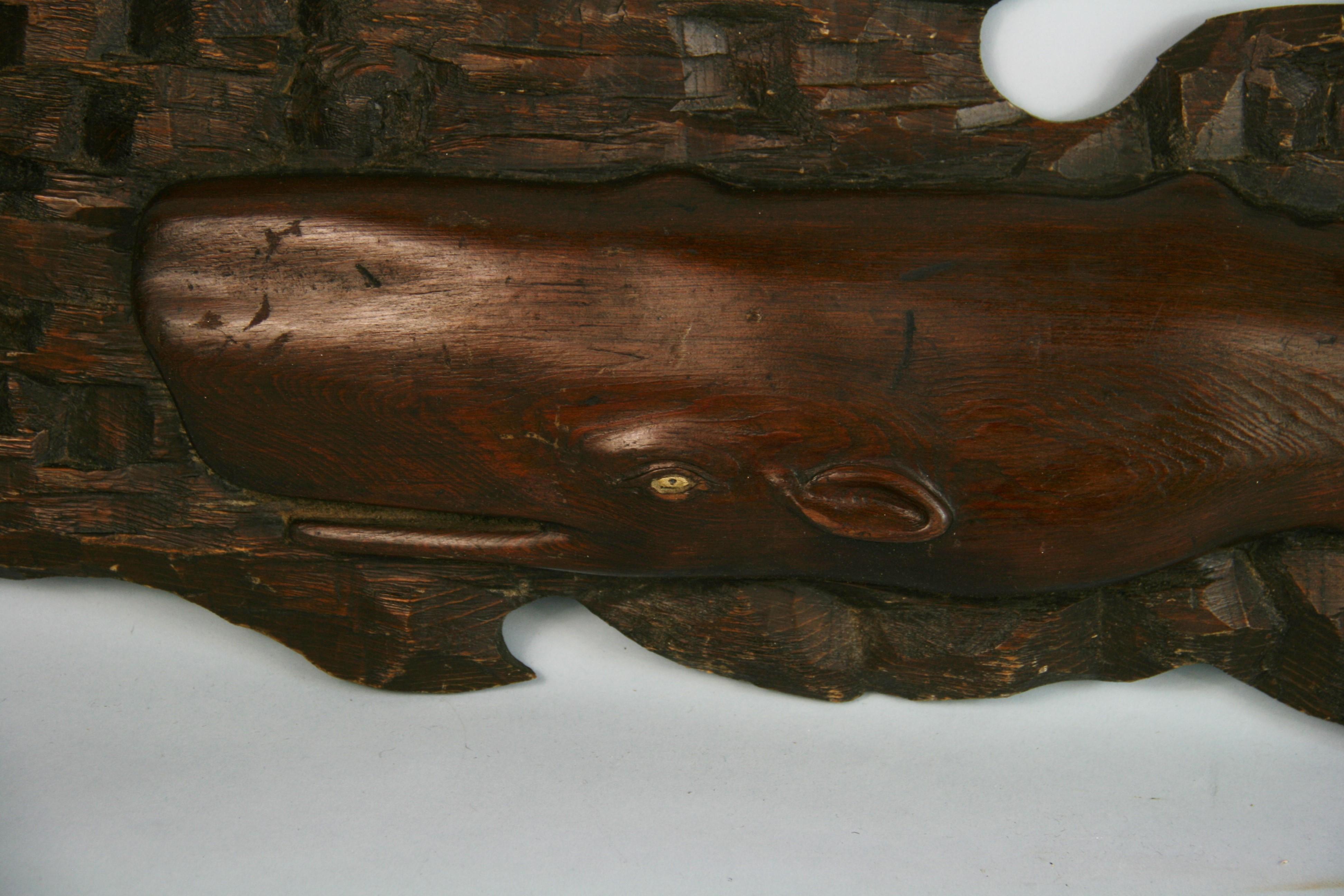 Folk Art Carved Wood Whale Wall Sculpture In Good Condition In Douglas Manor, NY