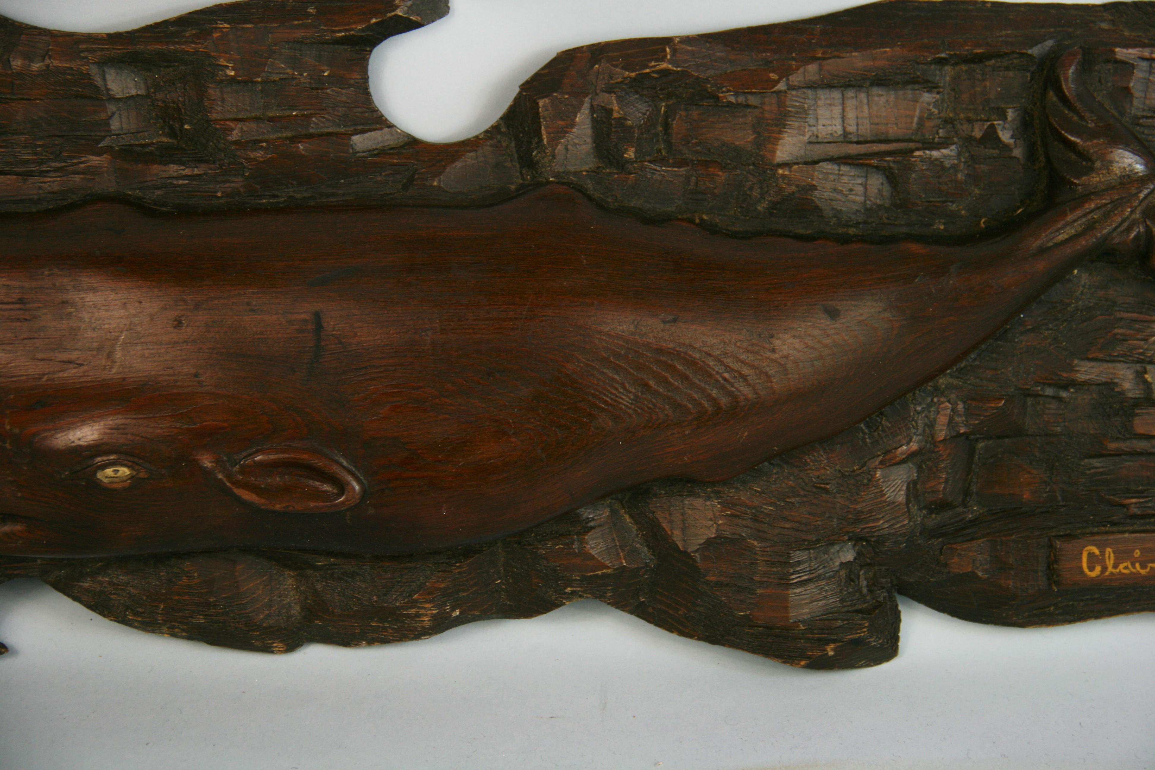 Folk Art Carved Wood Whale Wall Sculpture 1