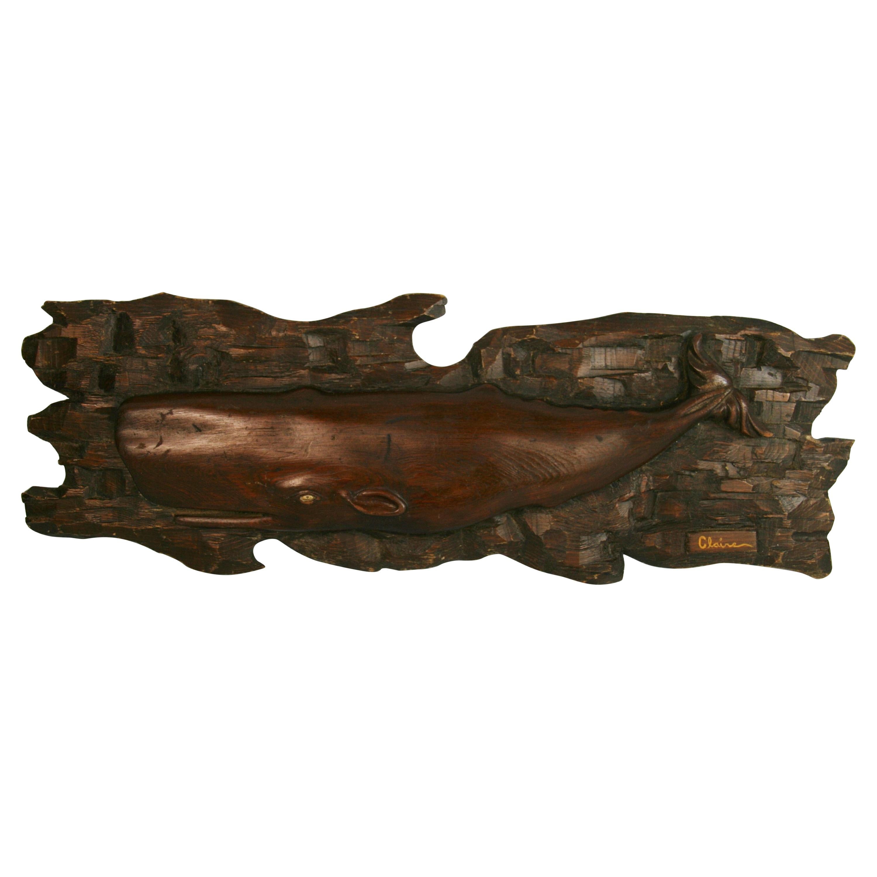 Folk Art Carved Wood Whale Wall Sculpture