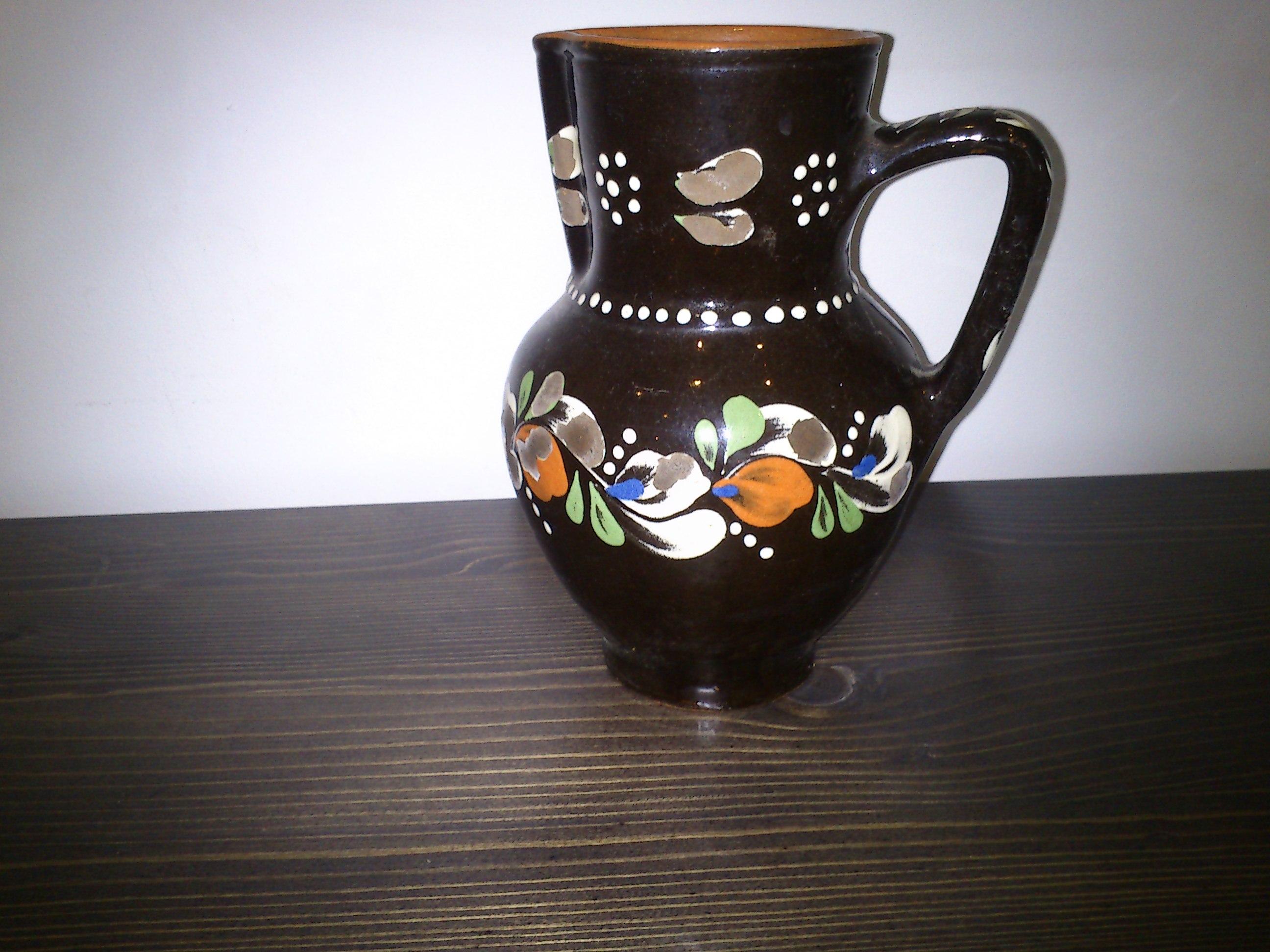 Hand-Painted Folk Art Ceramic Pitcher, circa 1970s For Sale