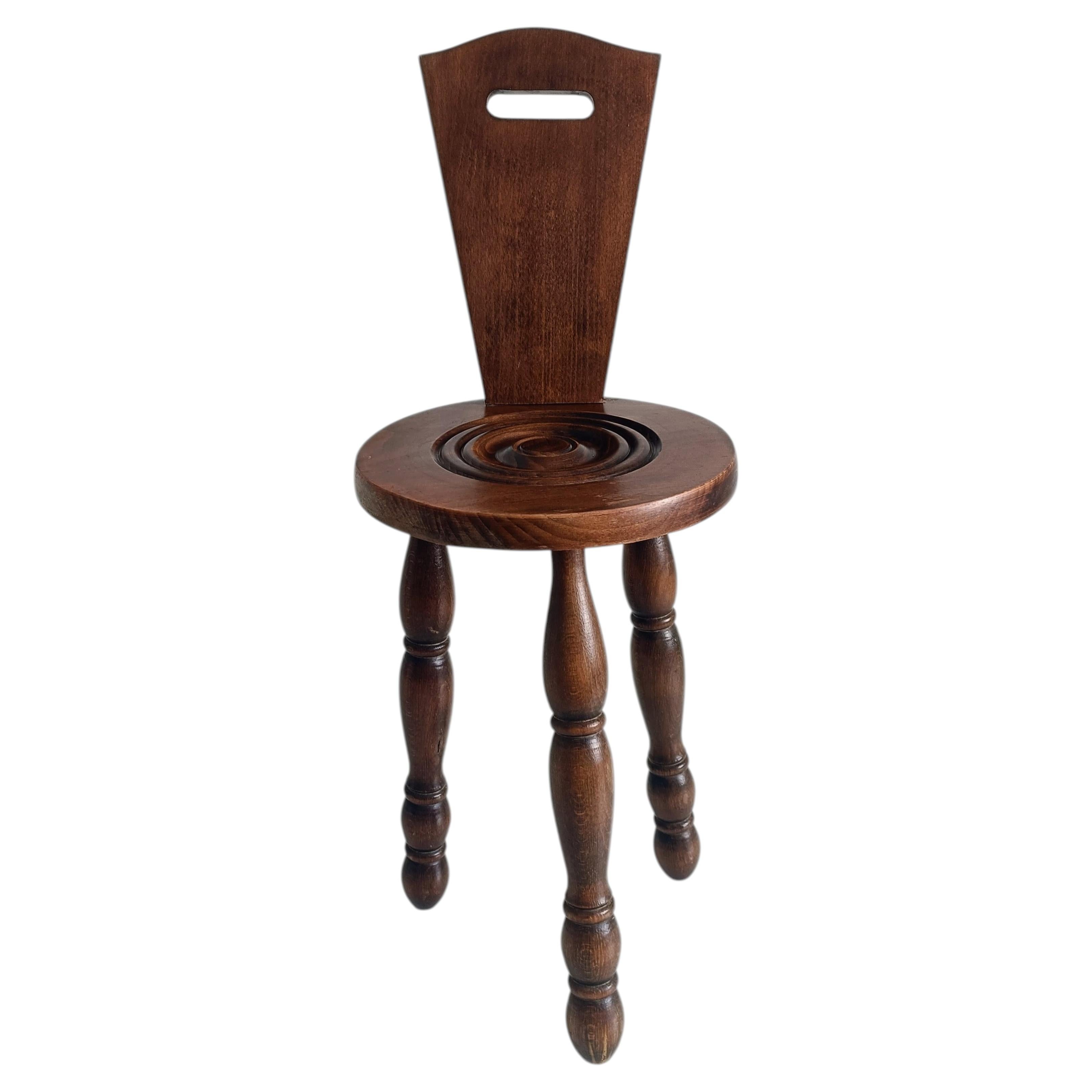 Folk Art Chestnut Wood Tripod Chair, Charles Dudouyt Style, France, 1930s For Sale