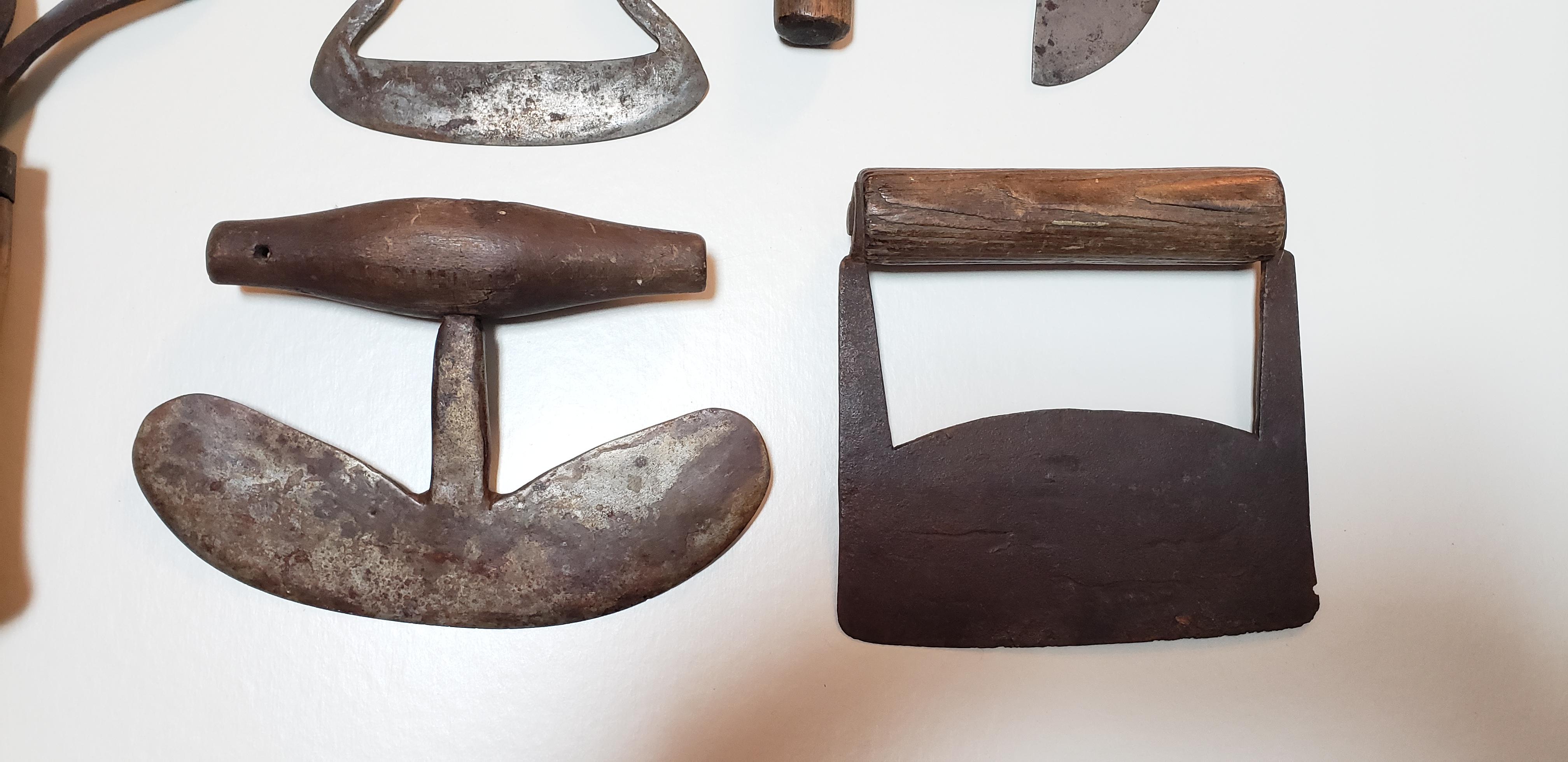 This small collection of blacksmith-made food chopper has been hanging on the kitchen wall for over 40 years. These were collected on the East-End of Long Island and represent the creative eye of each craftsman who formed the iron and turned or