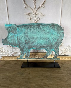 Folk Art Copper Pig Weathervane Object on Iron Base