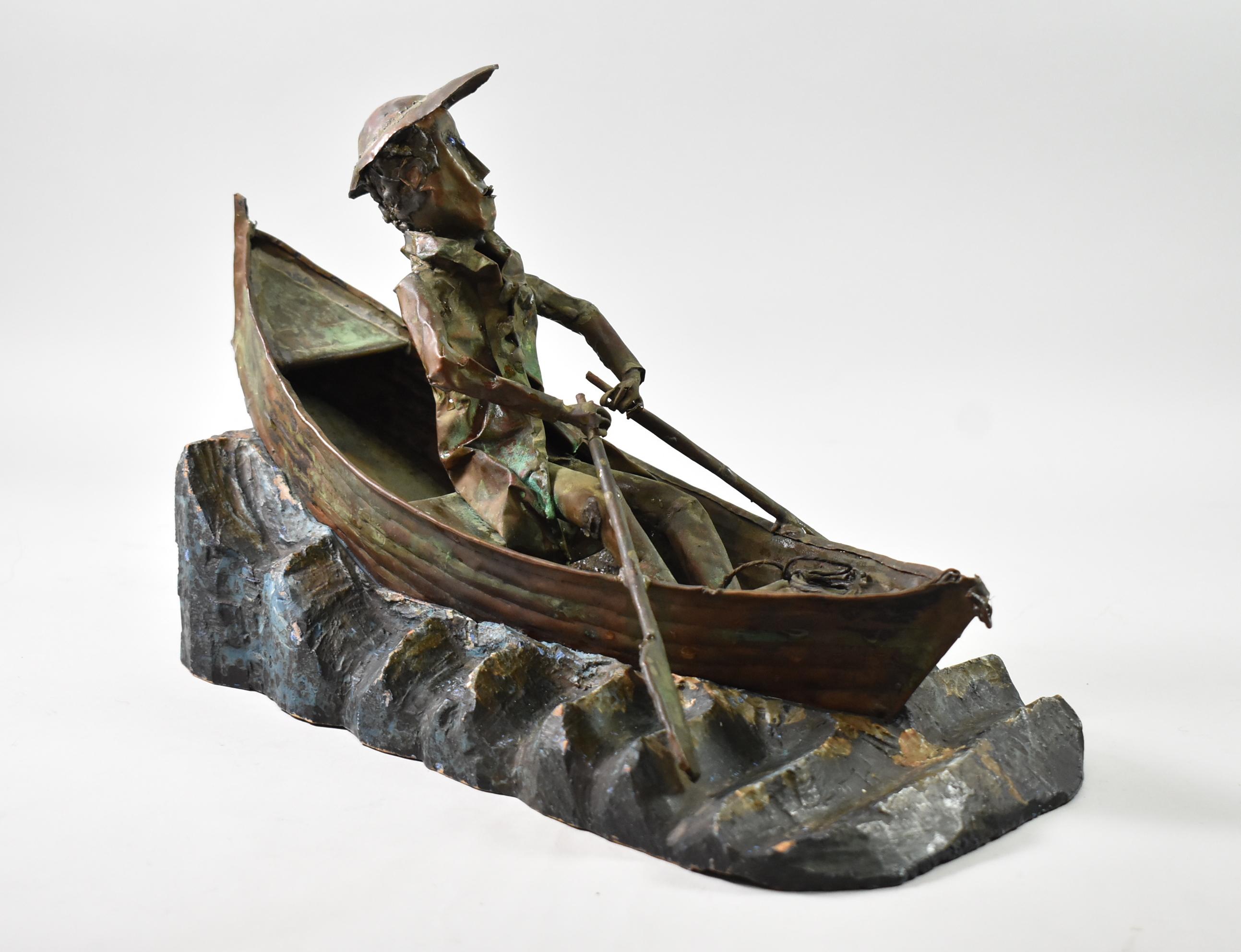 Modern Folk Art Copper Sculpture Man In Row Boat By S.J. Rossbach Circa 1966 For Sale