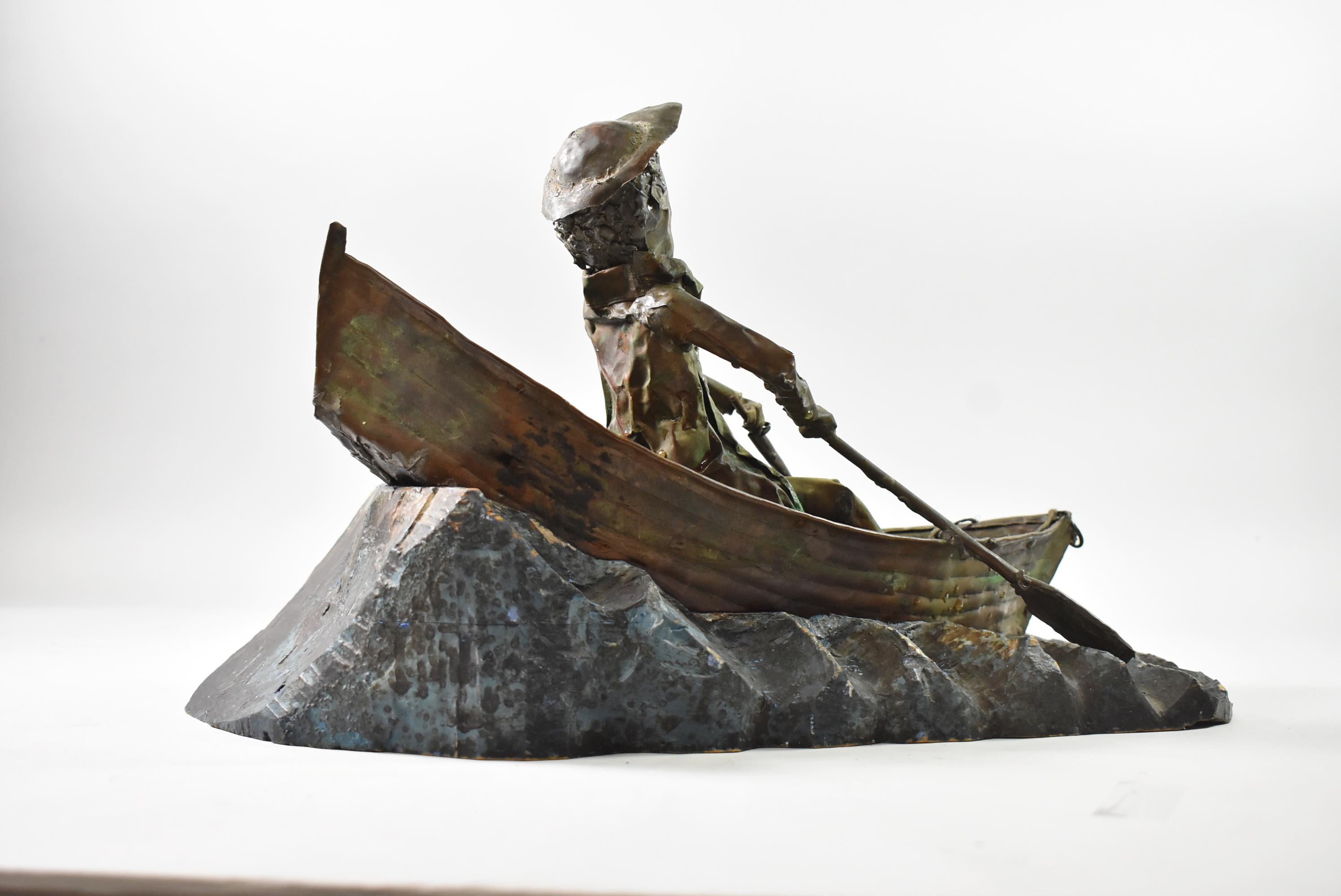 Mid-20th Century Folk Art Copper Sculpture Man In Row Boat By S.J. Rossbach Circa 1966 For Sale