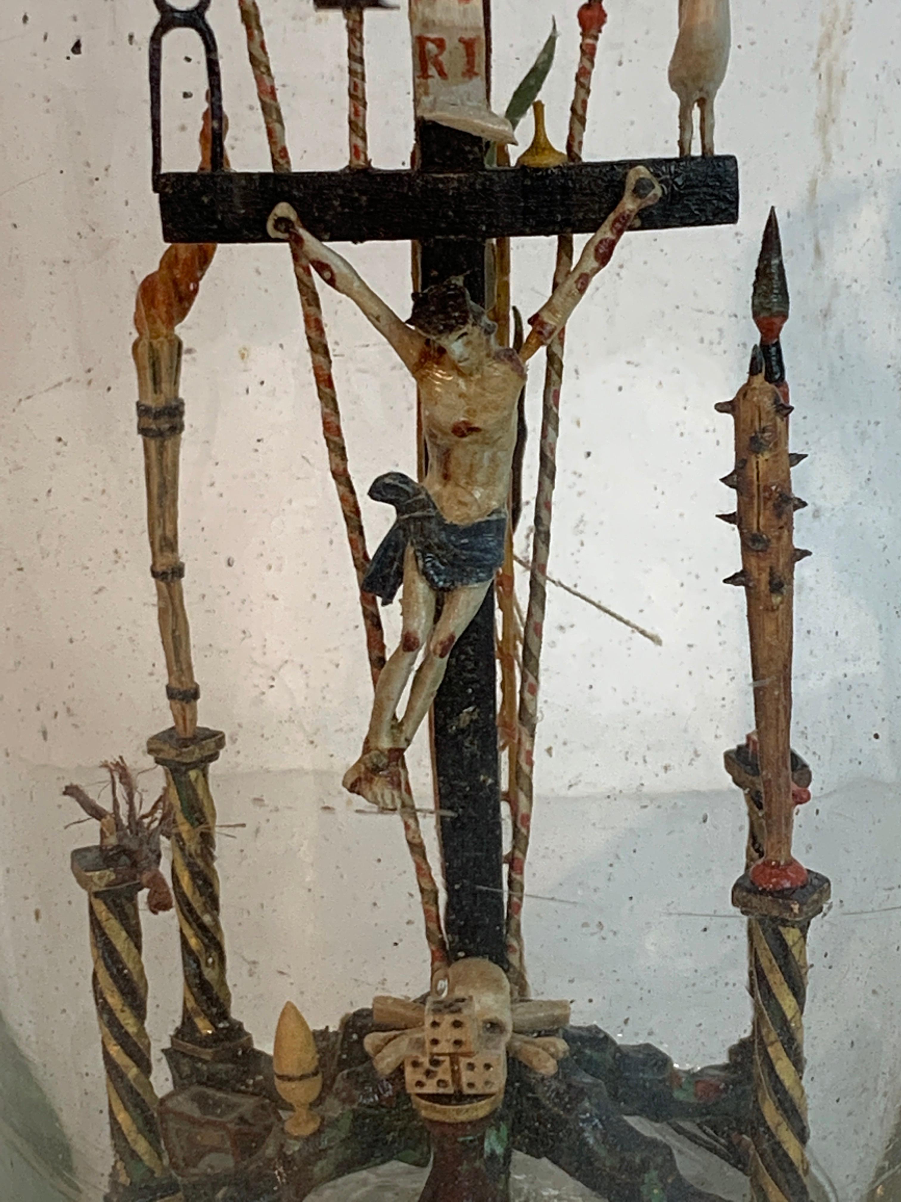 Hand-Carved Folk Art Crucifixion Scene in a Bottle