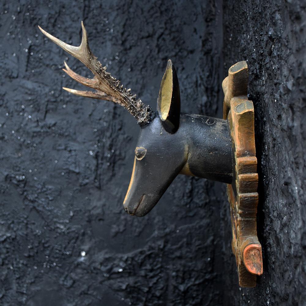 Folk Art Deer’s Trophy Plaque with Natural Antlers, circa 1880 In Fair Condition In London, GB
