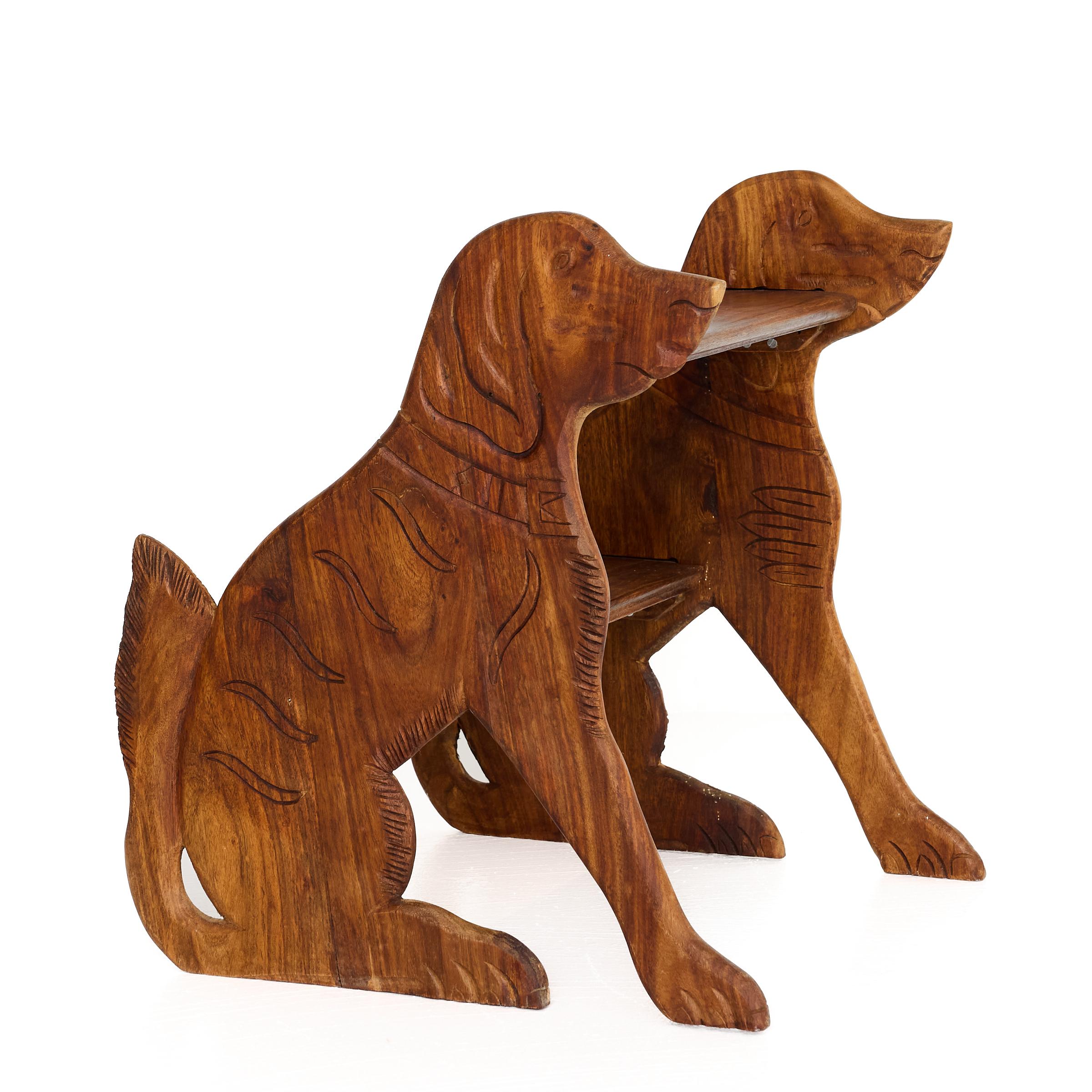 Rustic Folk Art two-step stool or library step with dog profile uprights hand carved with charming figural details. A perfect addition near a bed, in a library, or in a kitchen. 

