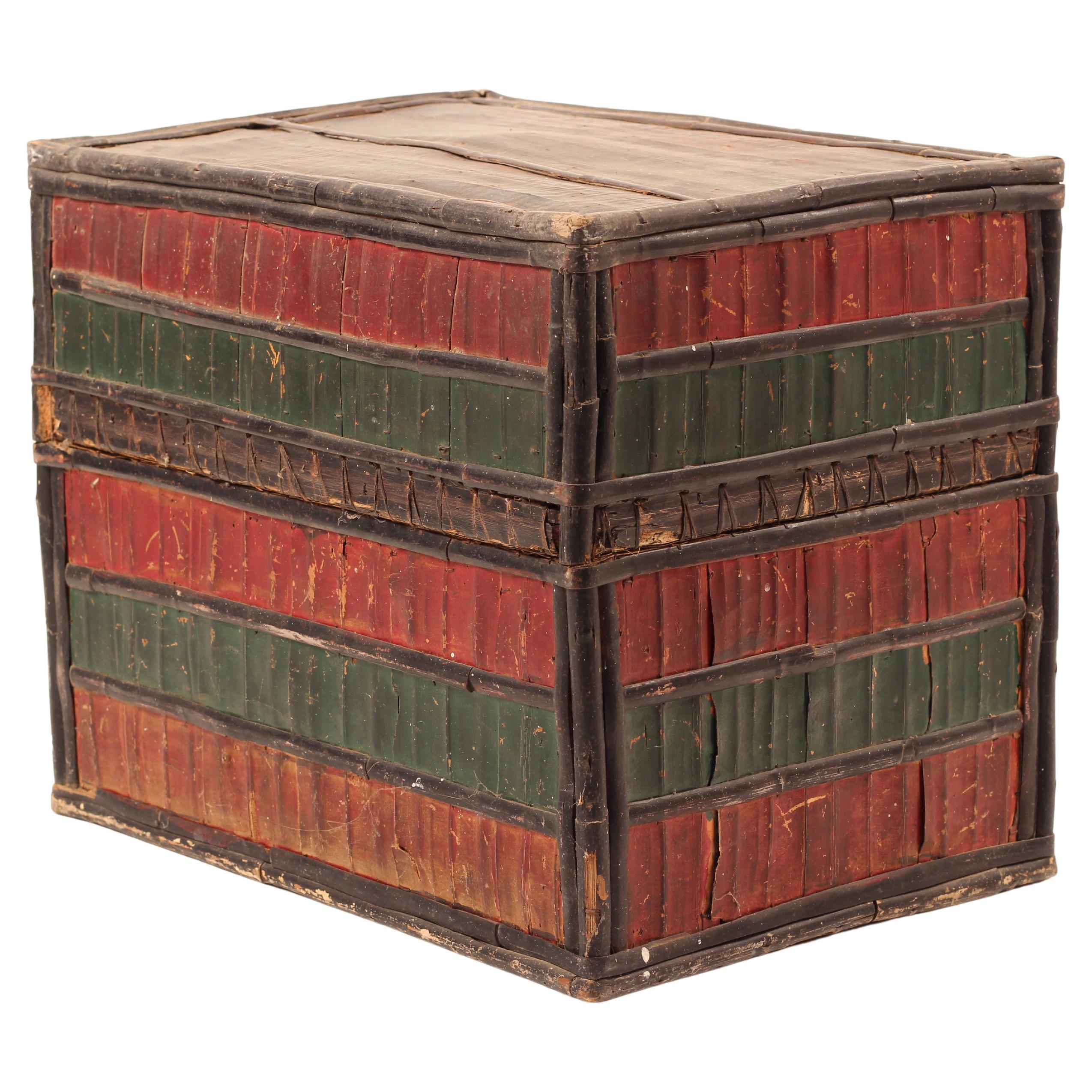 Folk Art Dowry Box, Lombok Indonesien, Kaurischnecke, bemalt Palm & Bambus 1950's Sasak im Zustand „Gut“ im Angebot in London, GB