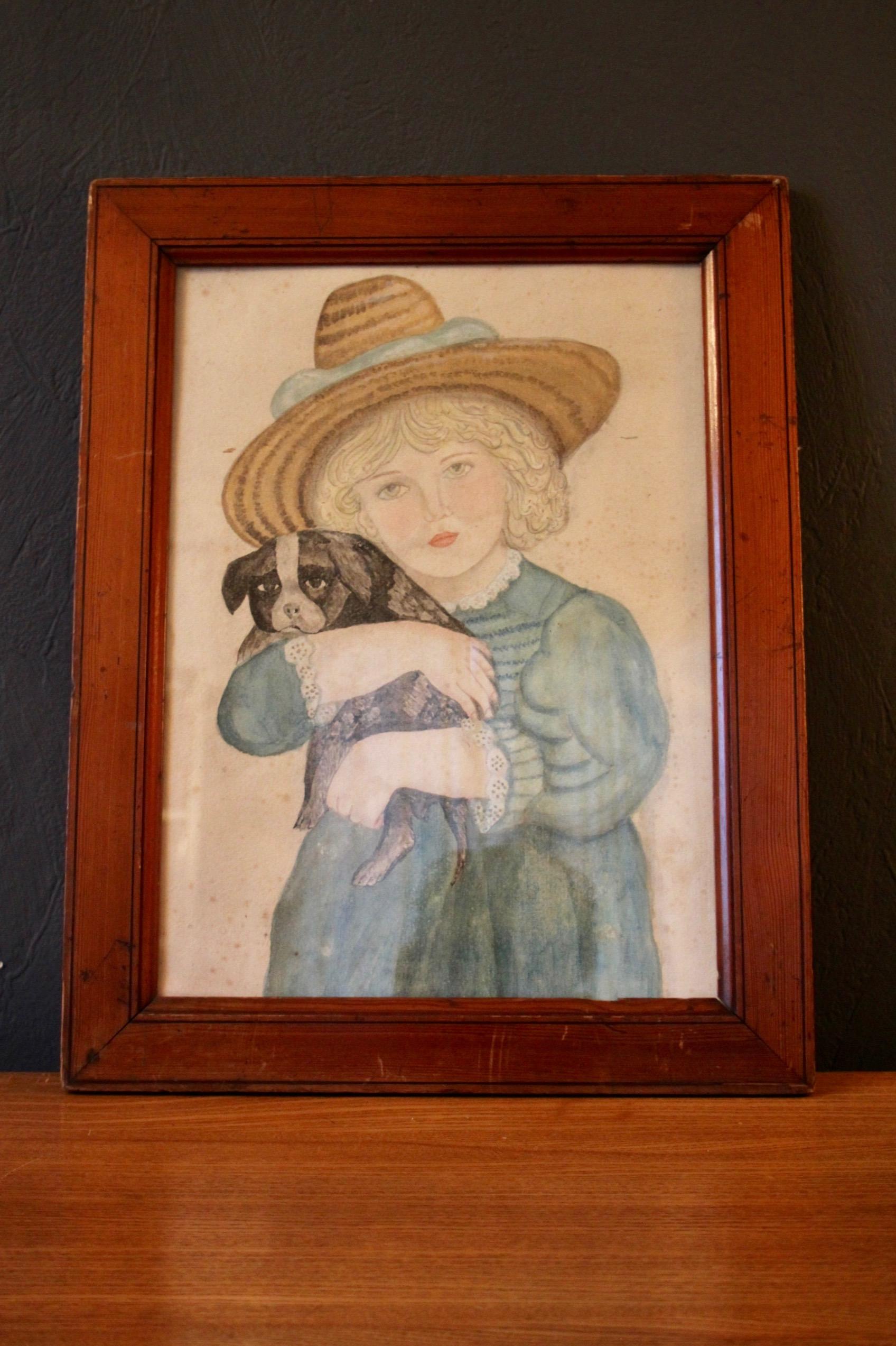 Folk art drawing of a young women and a dog 