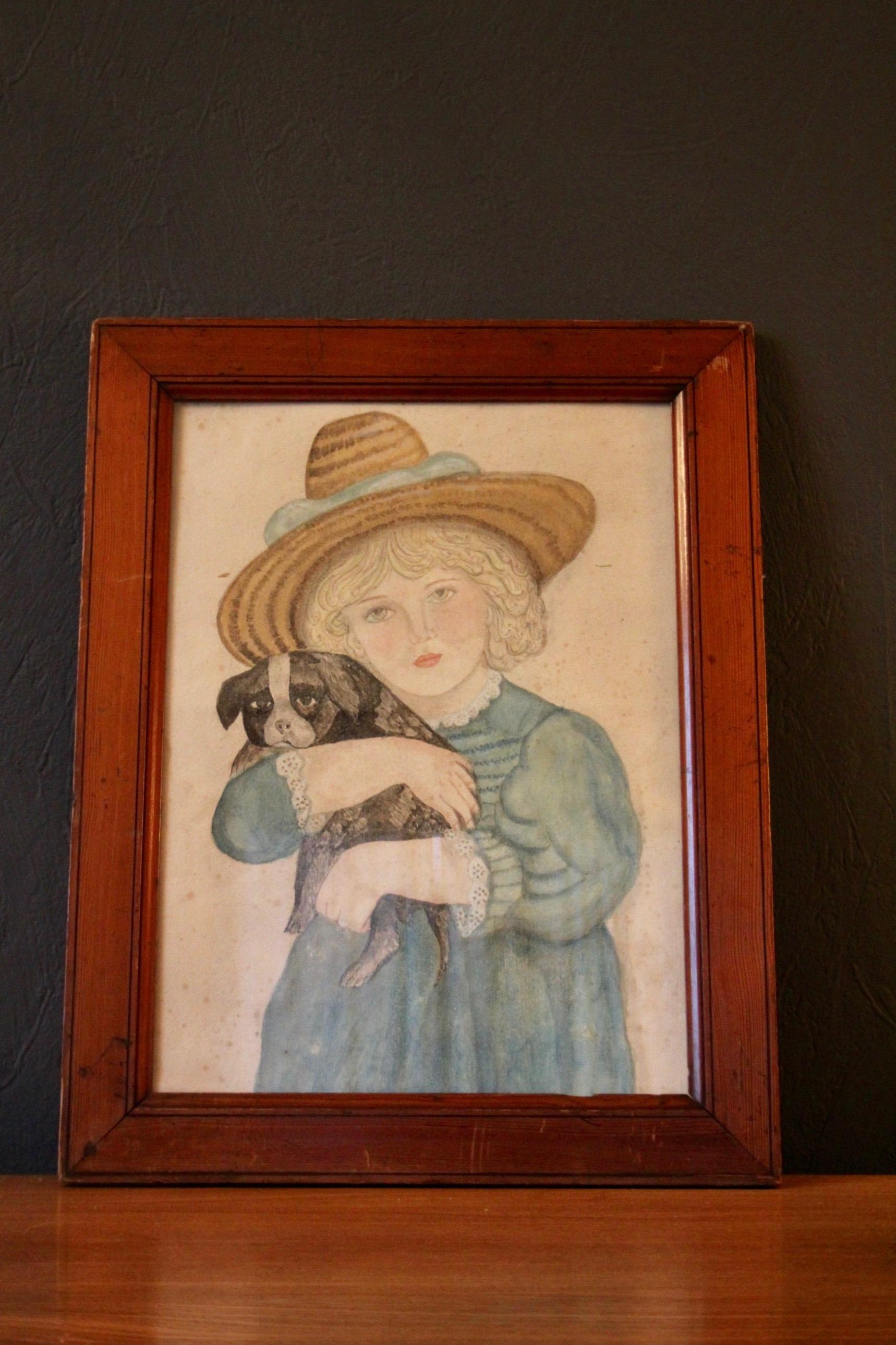 European Folk art drawing of a young women with a dog  For Sale