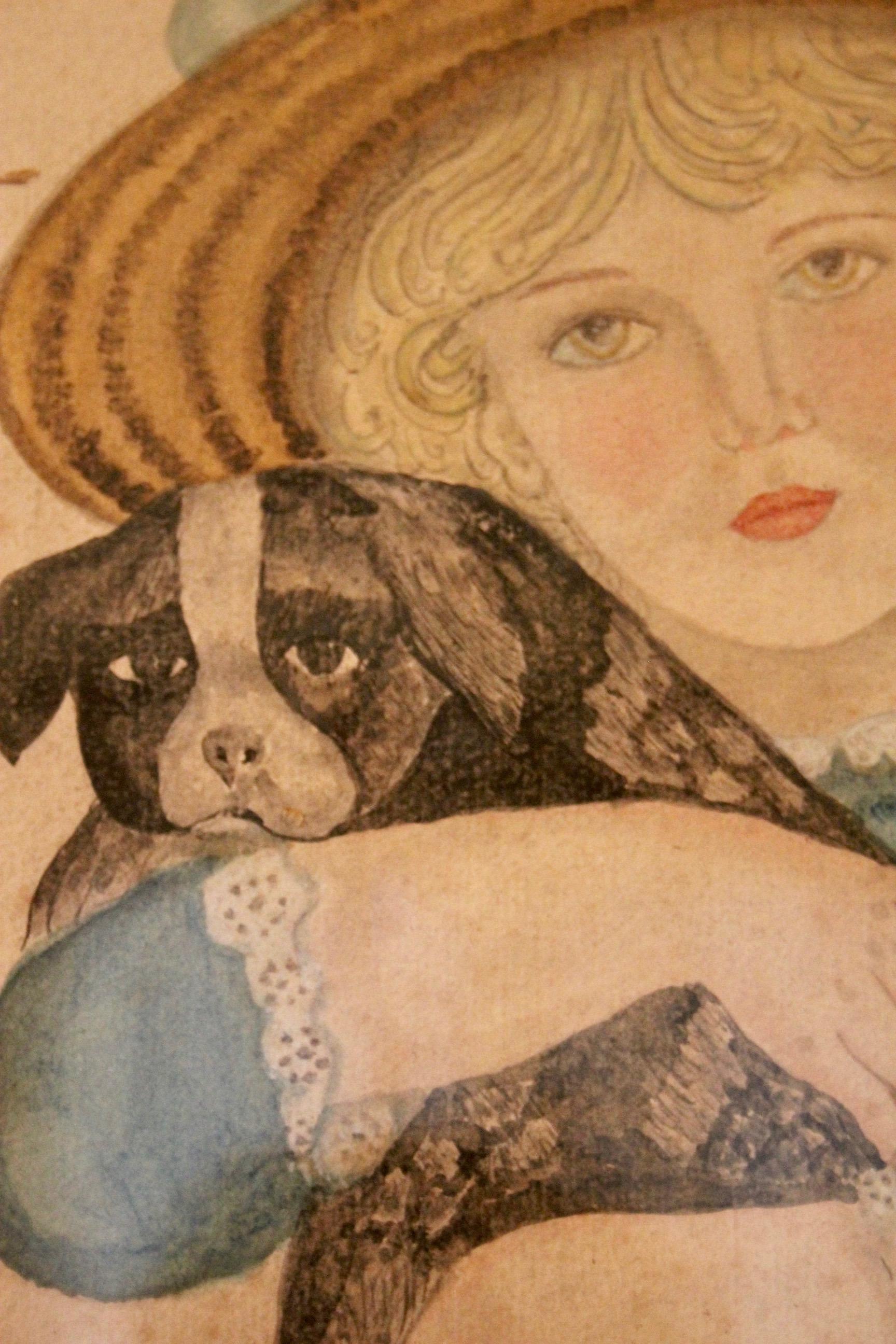 Folk art drawing of a young women with a dog  In Good Condition For Sale In grand Lancy, CH