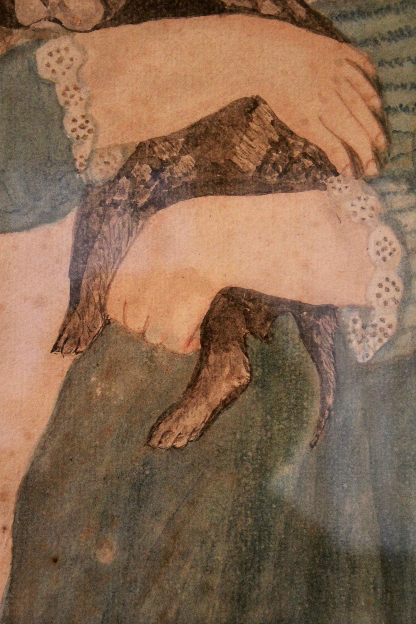 Volkskunst-Zeichnung einer jungen Frau mit einem Hund  (19. Jahrhundert) im Angebot