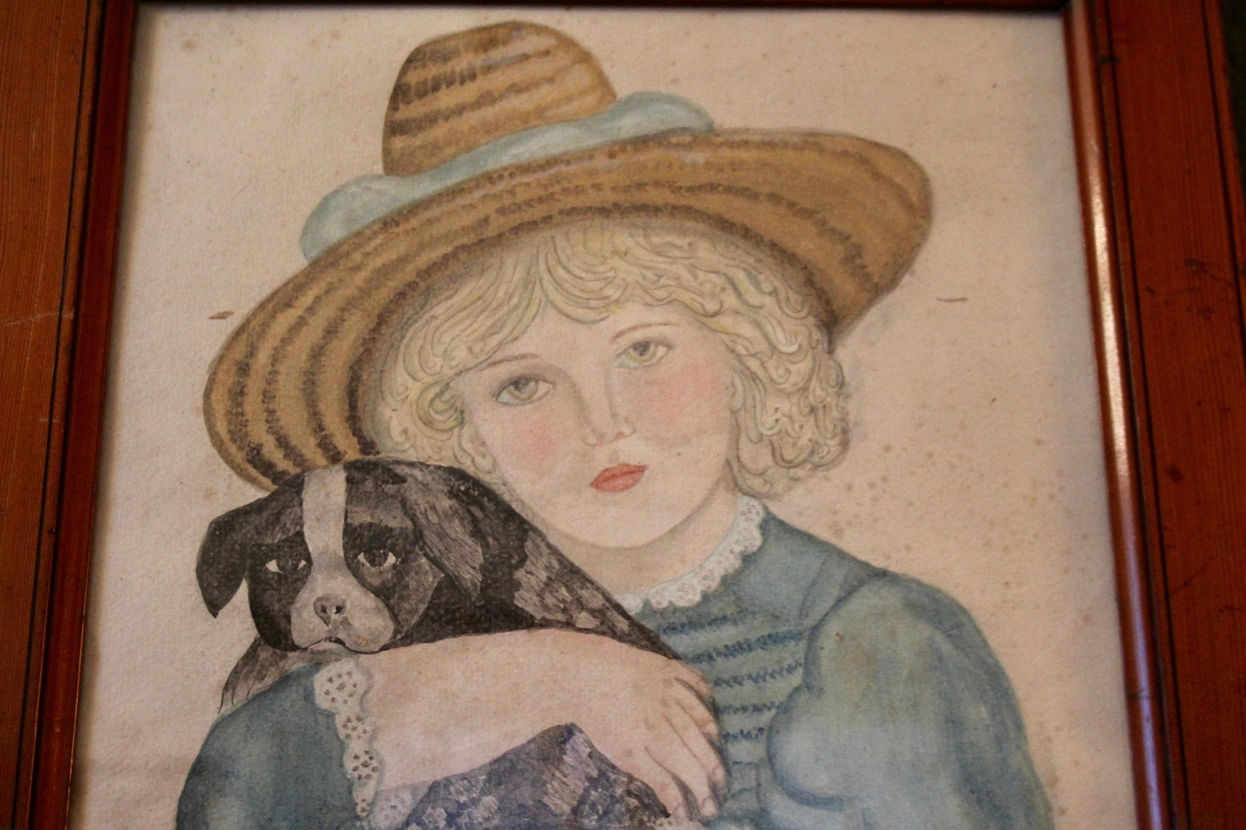 Volkskunst-Zeichnung einer jungen Frau mit einem Hund  (Holz) im Angebot