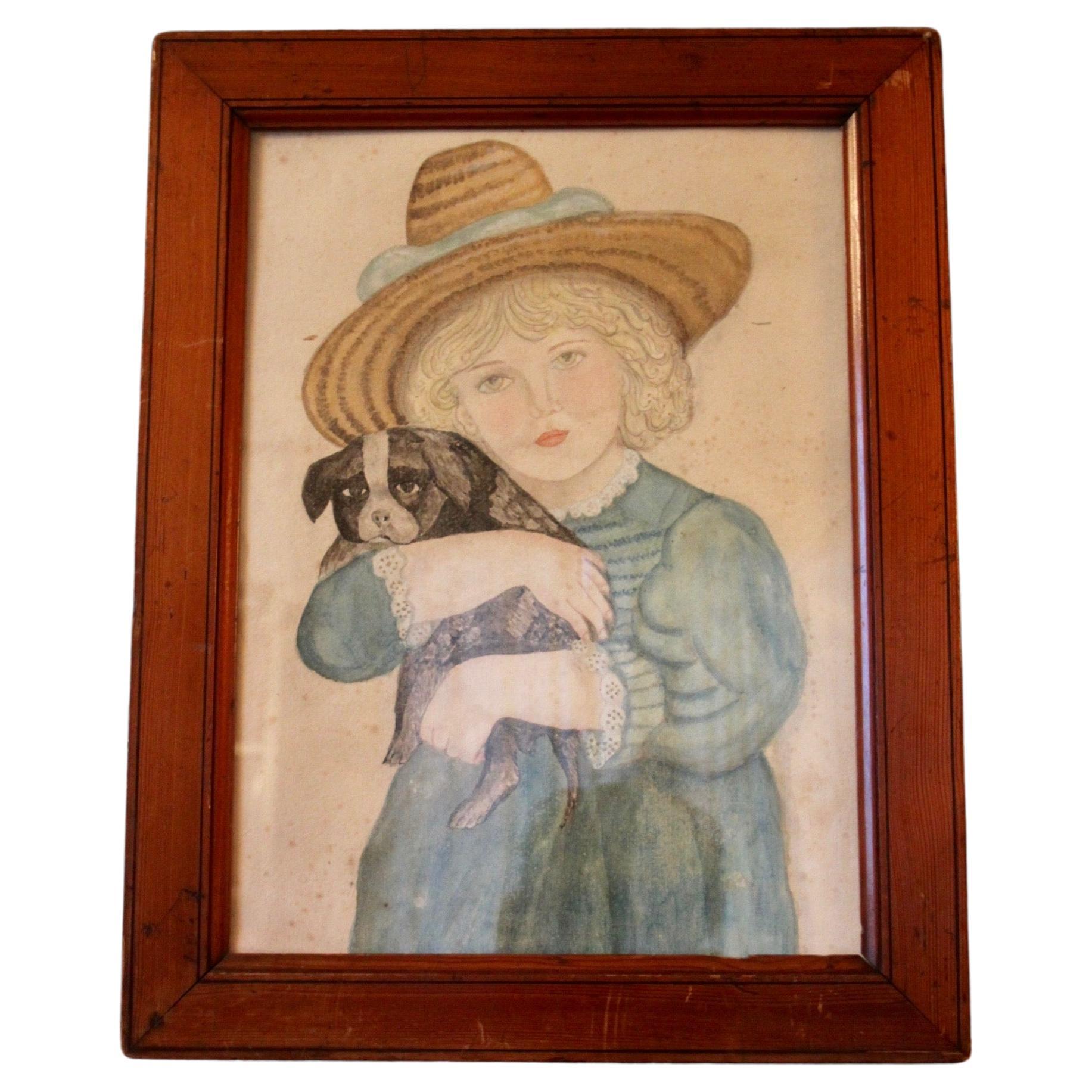 Folk art drawing of a young women with a dog  For Sale