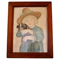 Folk art drawing of a young women with a dog 