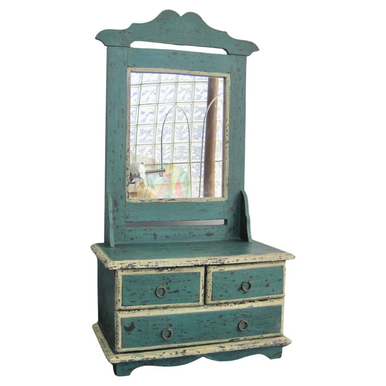 Folk Art Dresser Top Vanity Mirror in Original Paint For Sale at 1stDibs