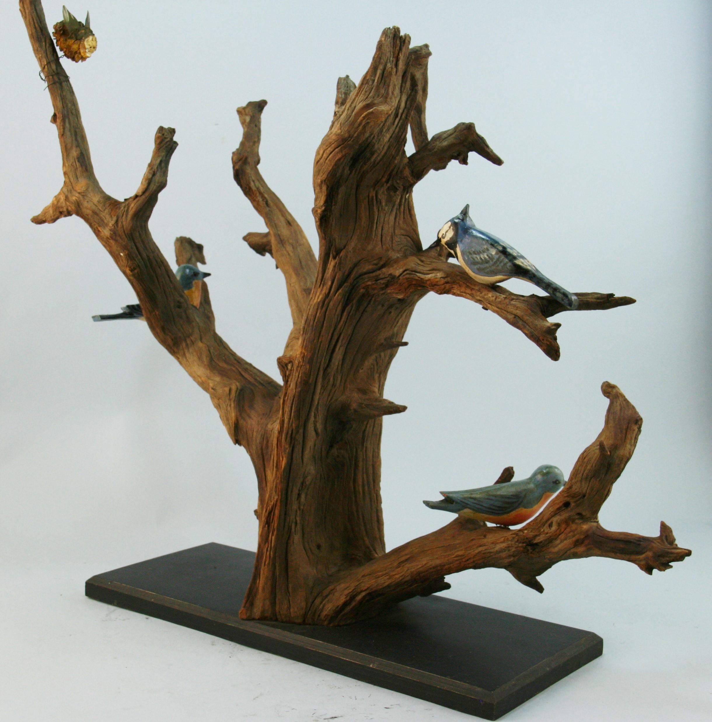 Japanese Wood Tree Sculpture with Hand Painted Birds For Sale 3