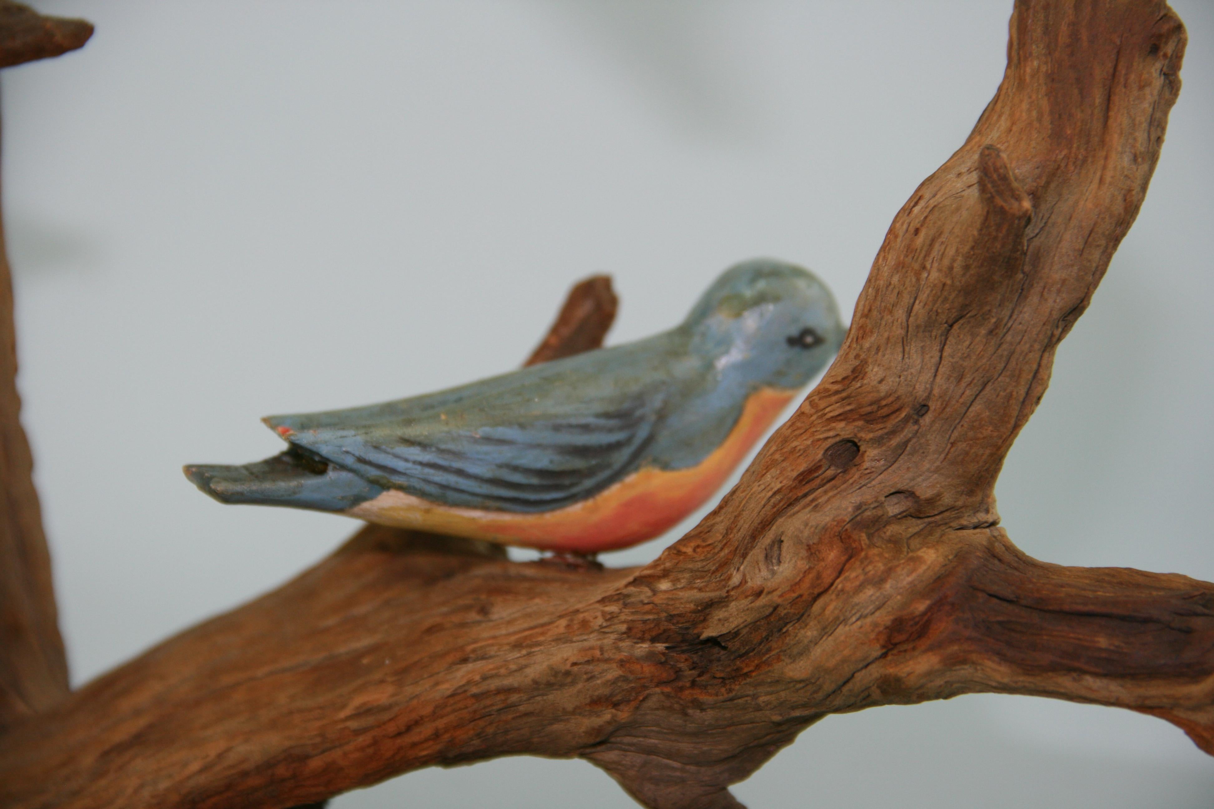 Japanese Wood Tree Sculpture with Hand Painted Birds For Sale 6