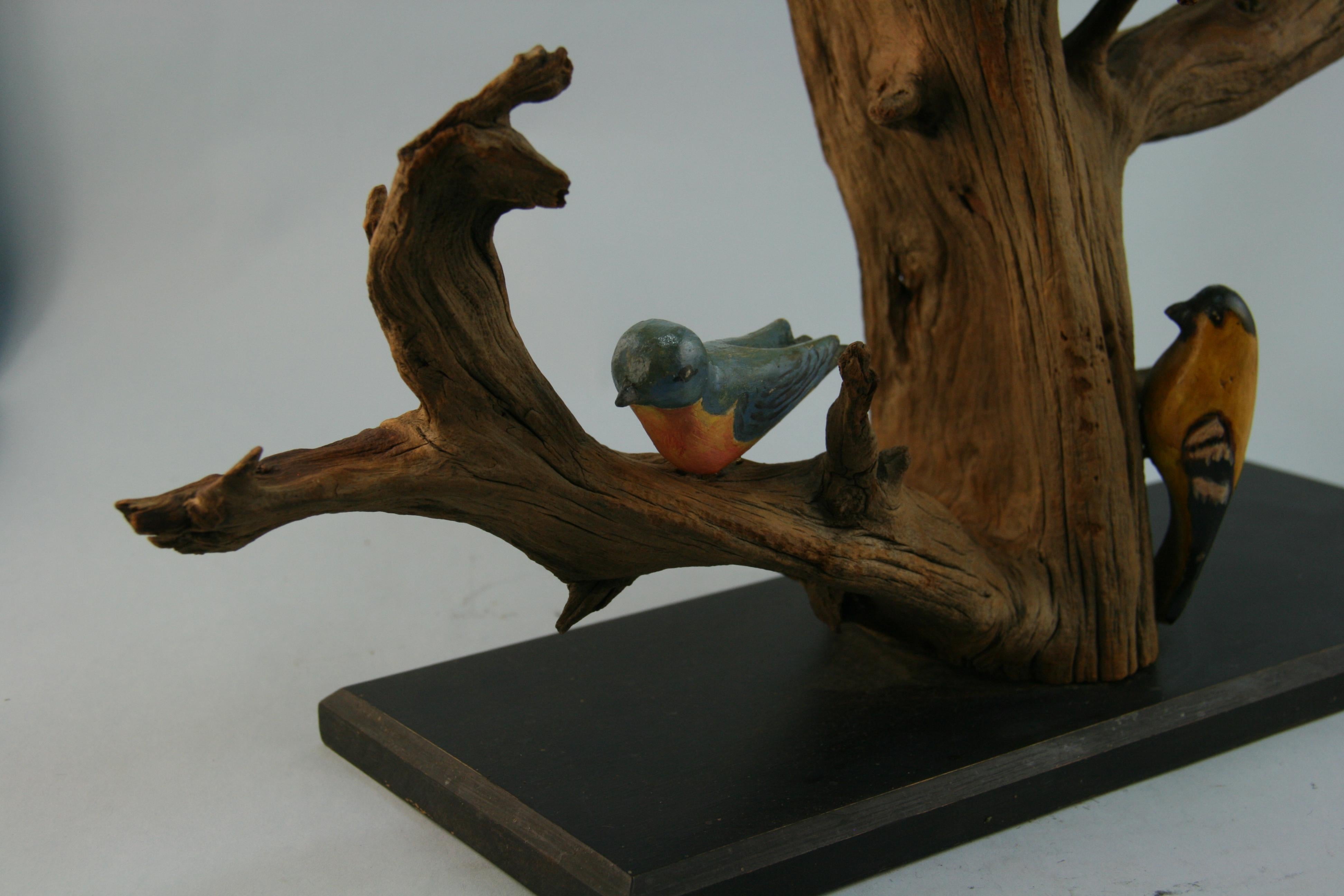 Japanese Wood Tree Sculpture with Hand Painted Birds For Sale 9