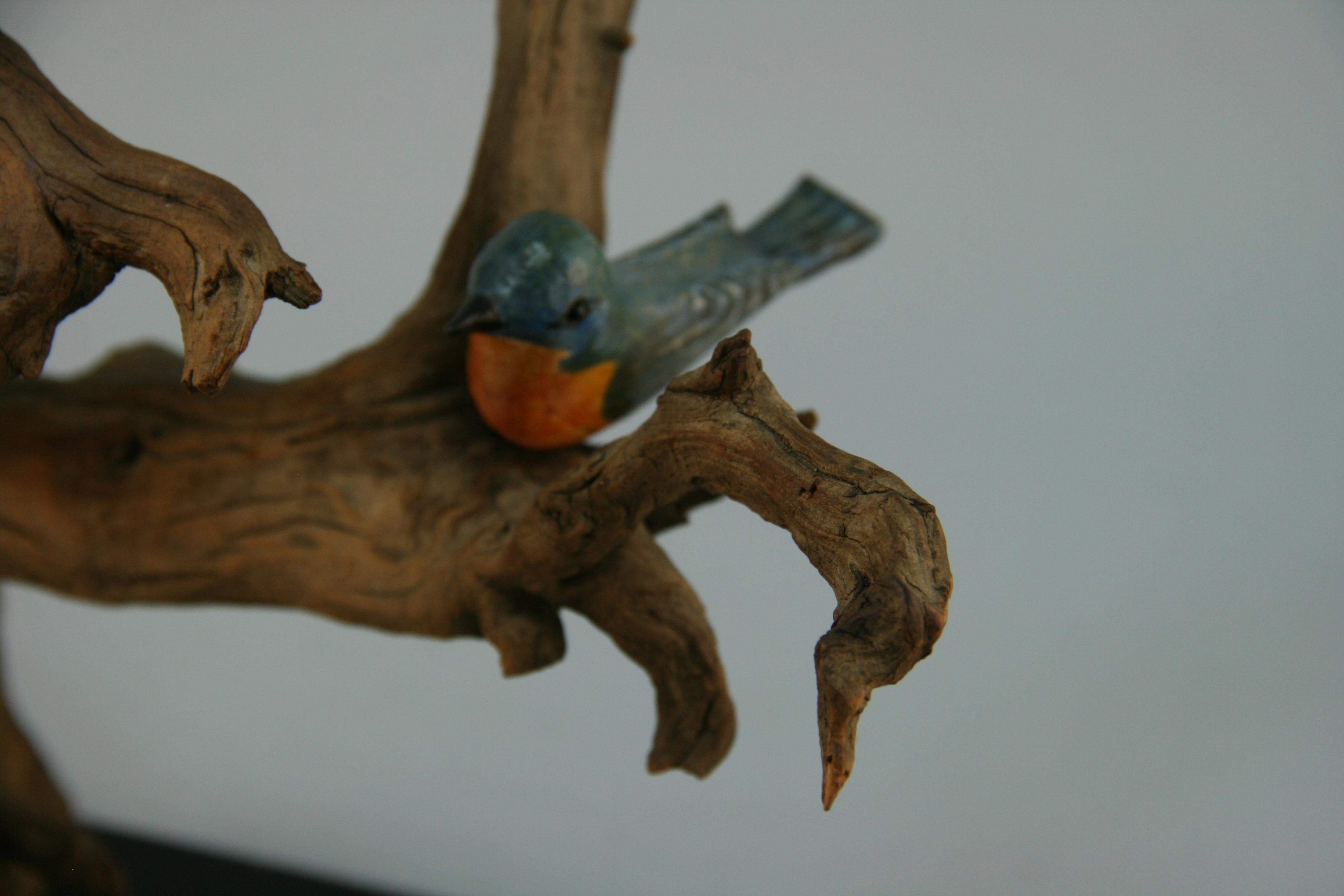Japanische Holzbaum-Skulptur mit handbemalten Vögeln aus Holz im Angebot 12