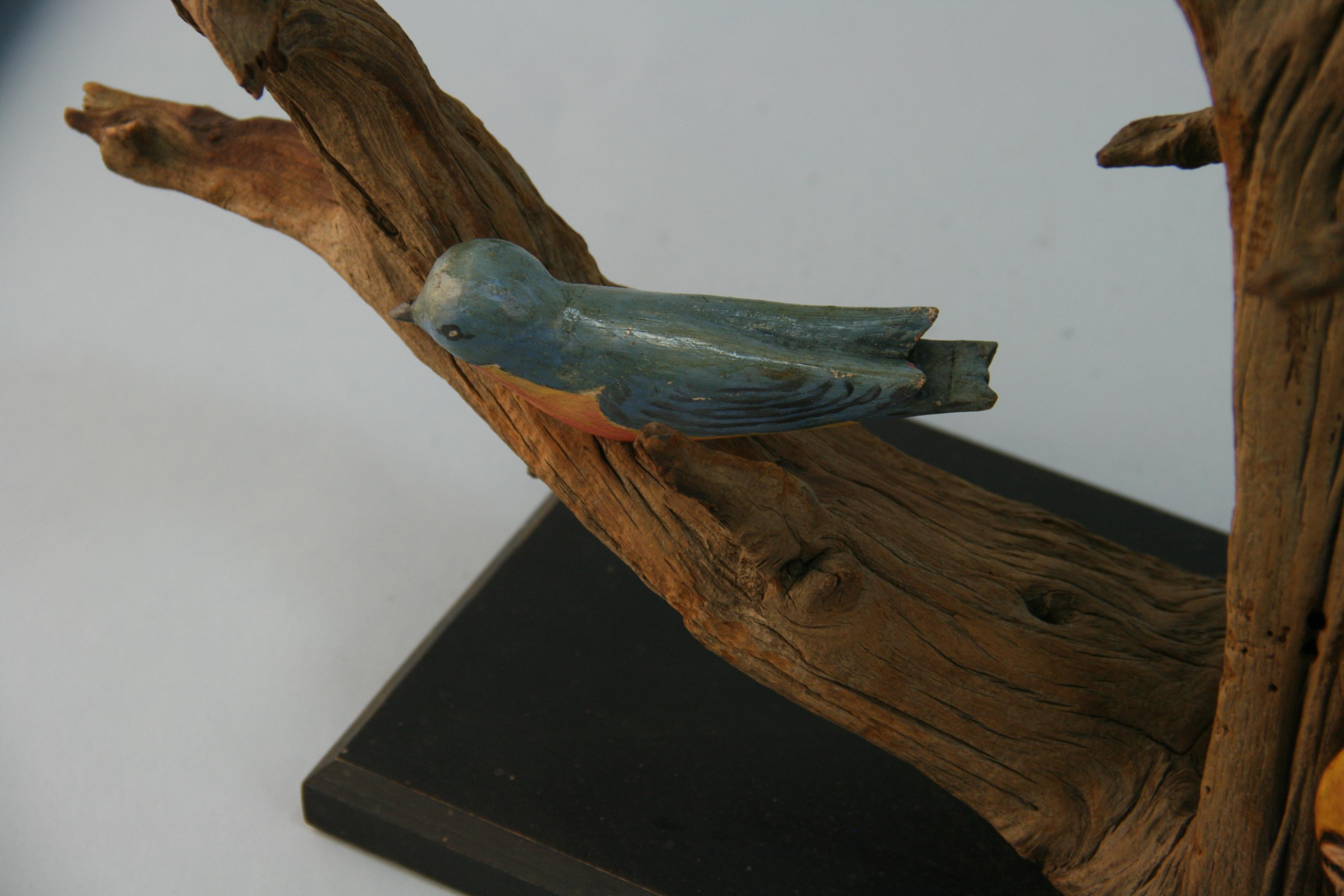 Japanese Wood Tree Sculpture with Hand Painted Birds For Sale 12