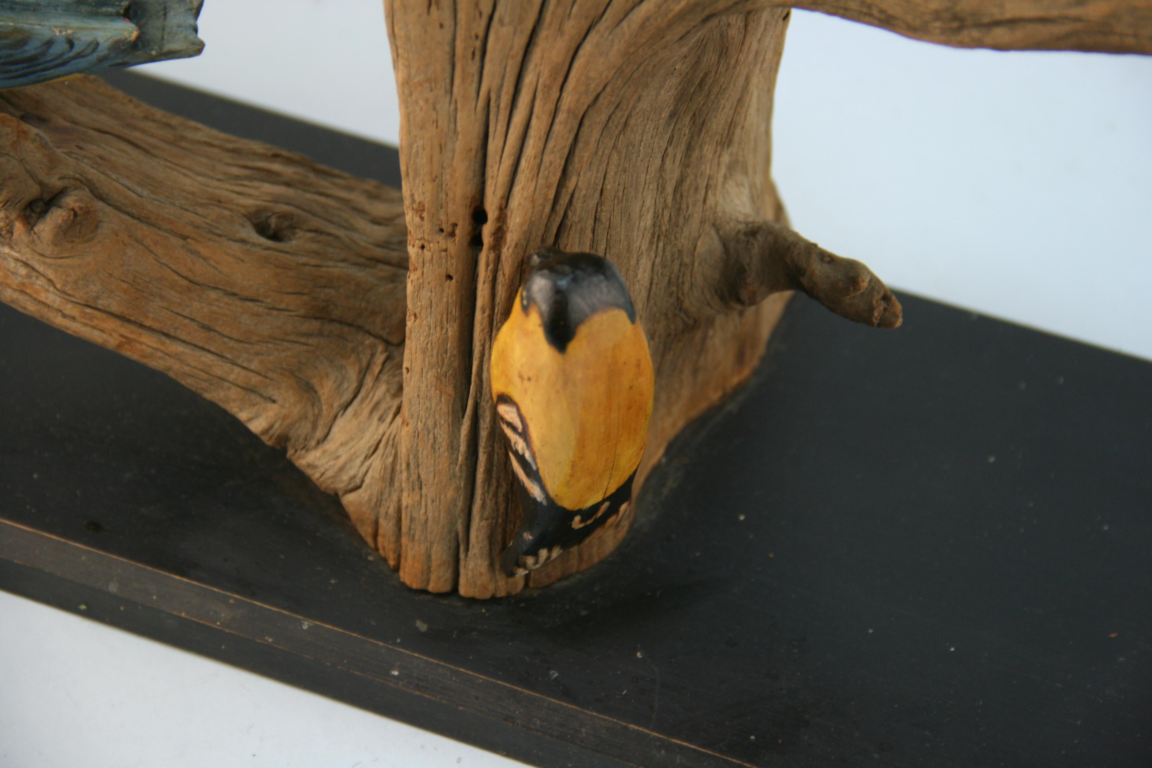 Sculpture japonaise d'arbre en bois avec oiseaux peints à la main en vente 14