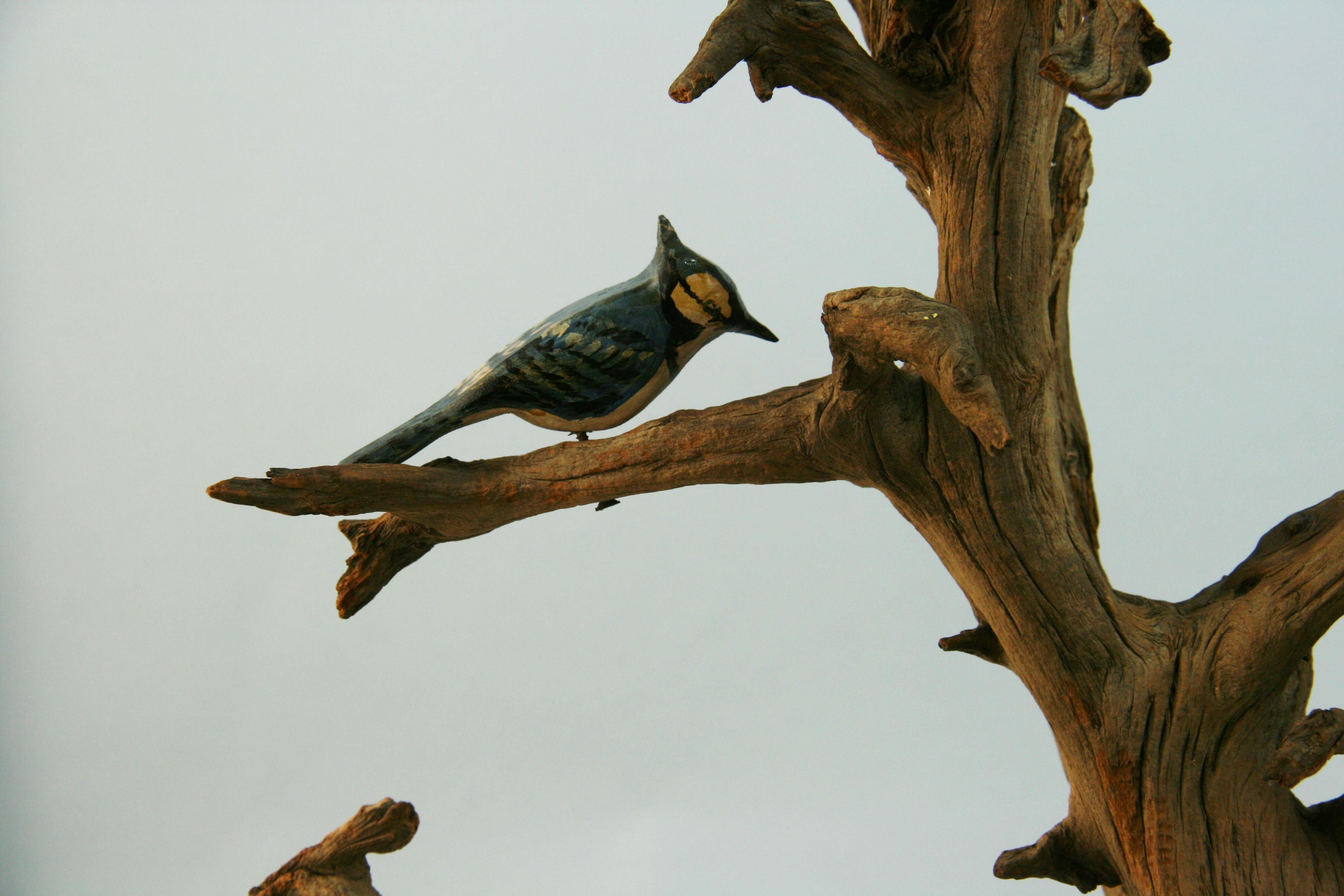 Japanische Holzbaum-Skulptur mit handbemalten Vögeln aus Holz im Zustand „Gut“ im Angebot in Douglas Manor, NY