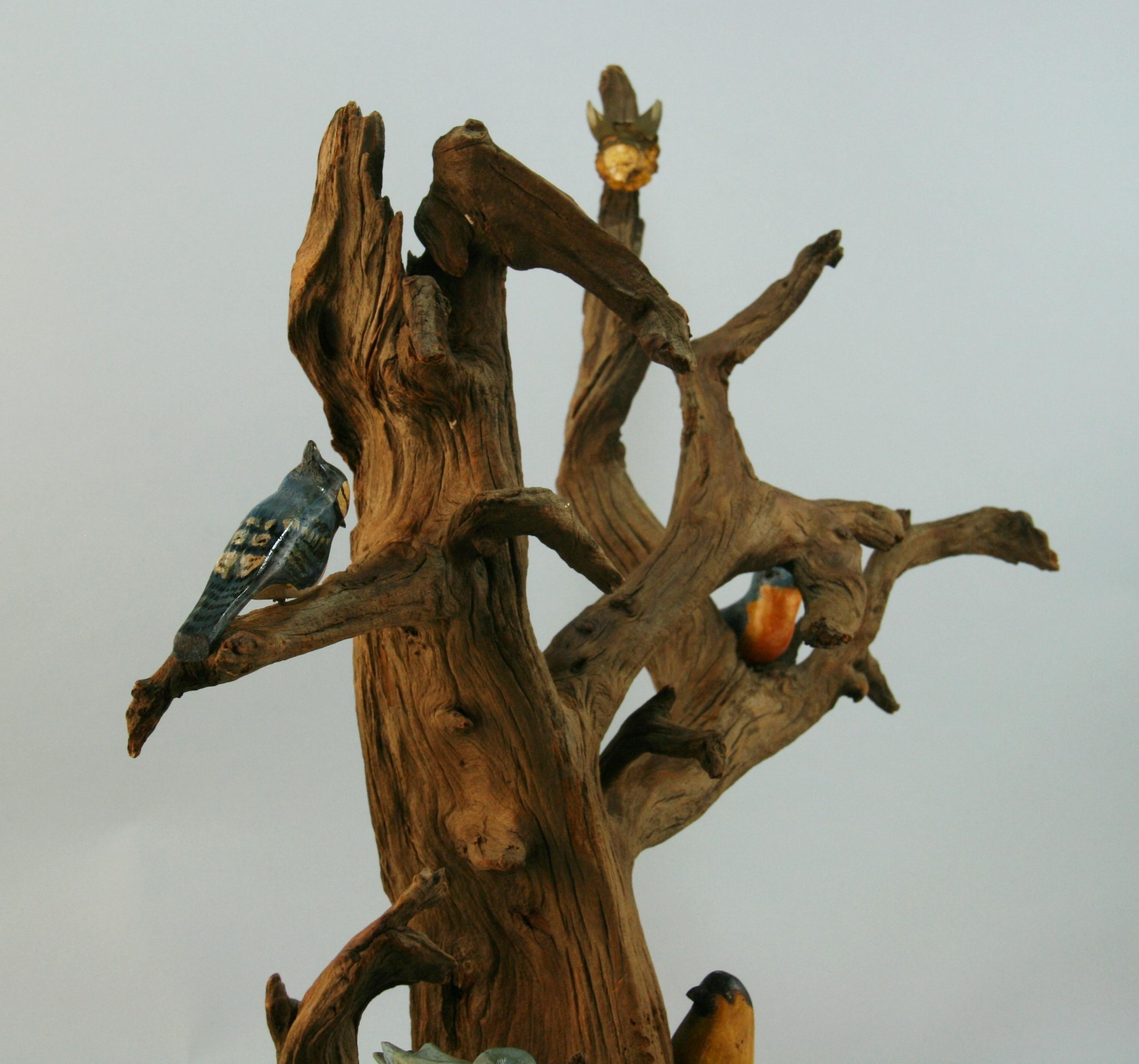Japanese Wood Tree Sculpture with Hand Painted Birds For Sale 1