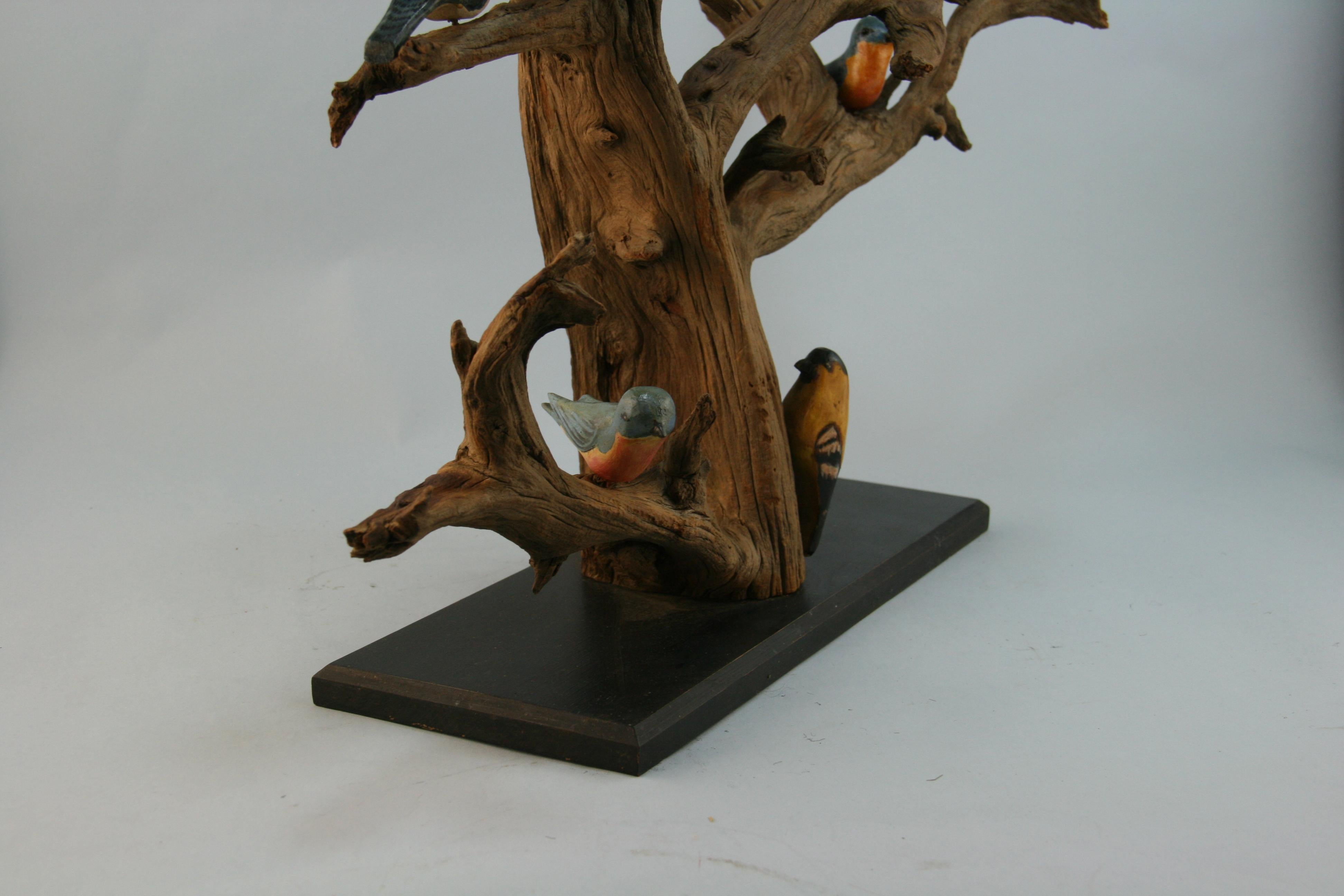 Japanese Wood Tree Sculpture with Hand Painted Birds For Sale 2