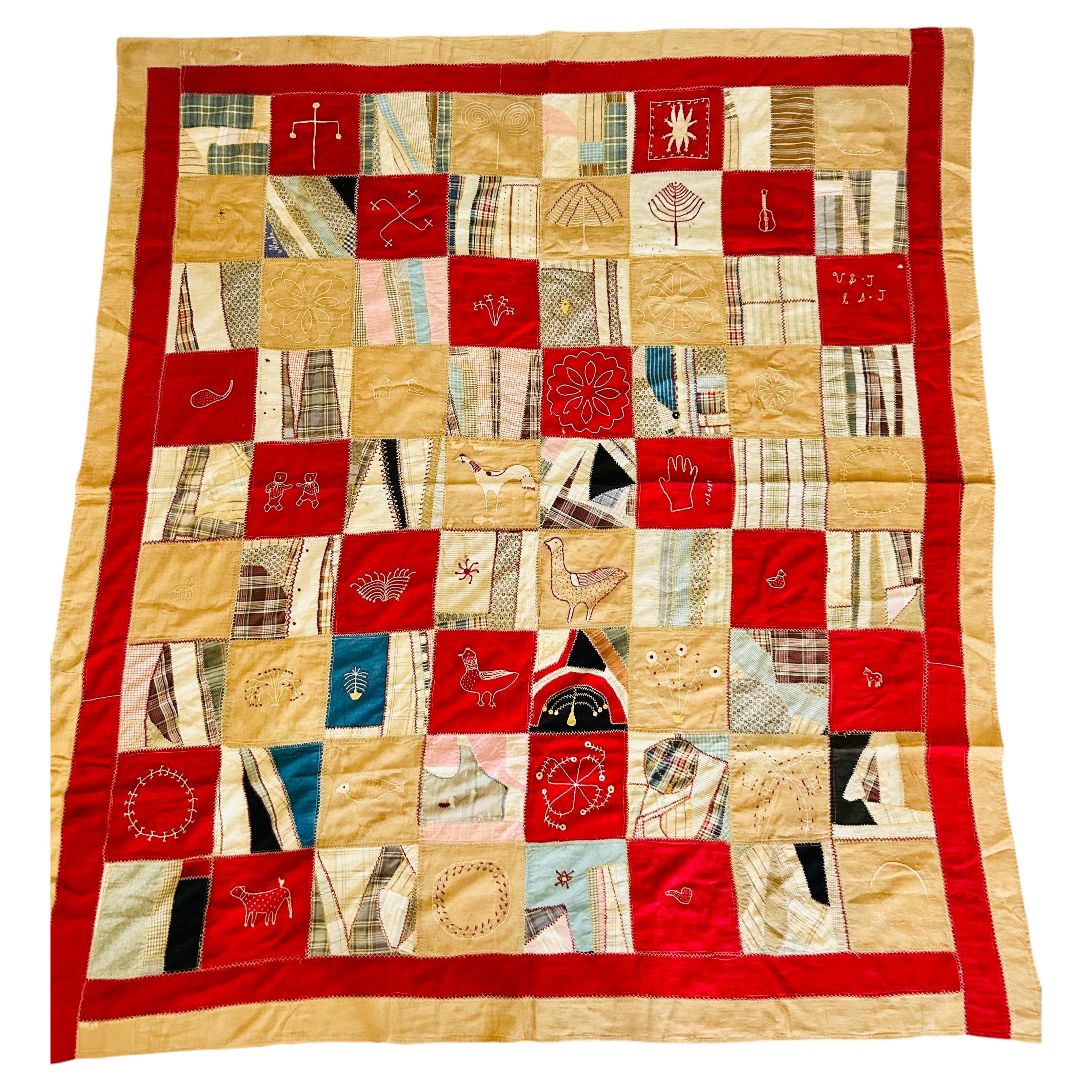 Volkskunst: Bestickter „Crazy Quilt“ im Primitivstil aus dem 19. Jahrhundert Außergewöhnliches, mit Initialen versehenes Textil