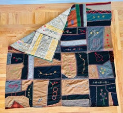 Folk Art Embroidered Quilt with Original Feed Sack Backing, Circa 1930s